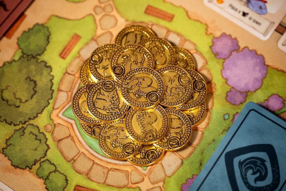 Flamecraft Board Game Metal Coins (Series 2) - Set of 24 Gold-Colored Coins with Dragon Designs, Includes Commemorative Silver Coin, Drawstring Bag Included, Made by Lucky Duck Games