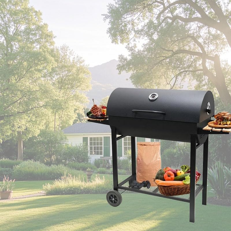 Parrilla de carbón con dos mesas laterales, parrilla de barbacoa de acero resistente para pícnics al aire libre, patios traseros y fiestas