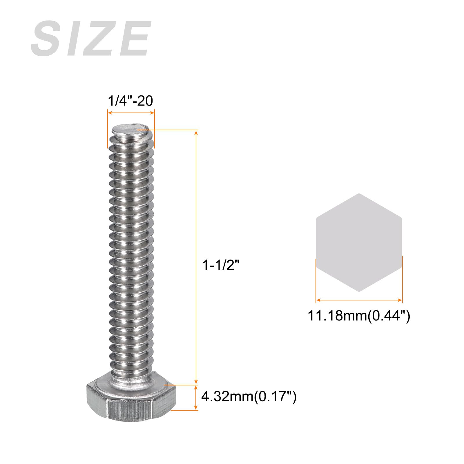 METALLIXITY Hex Head Bolts (1/4-20 x 1-1/2") 40Pcs, 304 Stainless Steel 18-8, Fully Threaded, External Hex Drive - Image 2