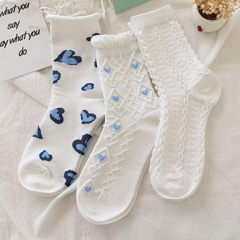 Image of 10 Pairs coquette socks Cute Floral Flower bow Socks Cottagecore Frilly Fancy aesthetic socksLace Ruffles Socks for Women (US, Alpha, One Size, Regular, Regular, Blue)