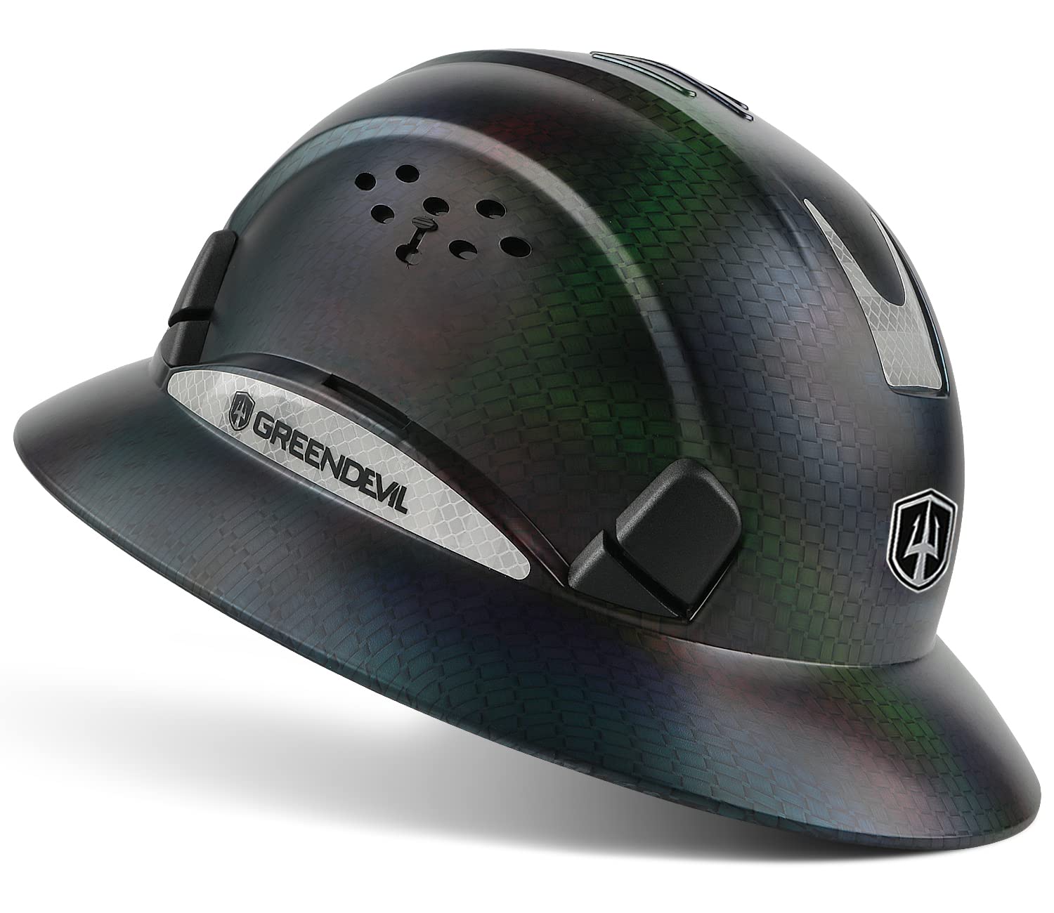 GREEN DEVIL Full Brim Hard Hat Vented Construction Safety Helmet OSHA Approved Cascos De Construccion ABS Work Hardhat for Men&Women 6 Point Adjustable Ratchet Suspension Custom Pattern Design