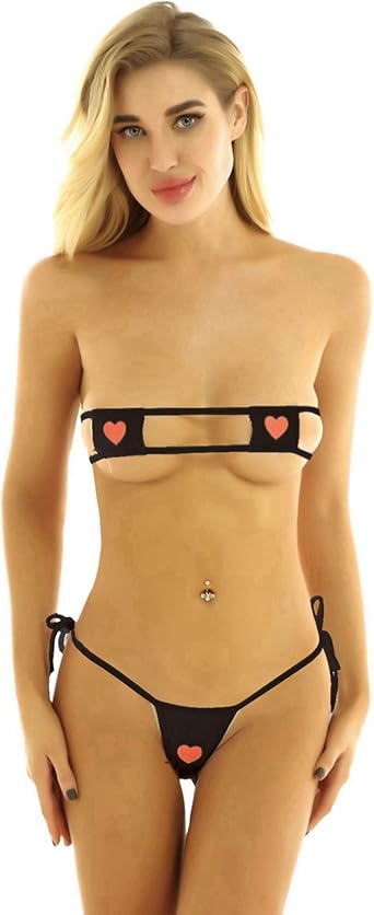 JEATHA Womens Japanese Anime Micro Bikini Lingerie Set 2 Pieces Heart Printed Cute Cosplay Costume Outfits