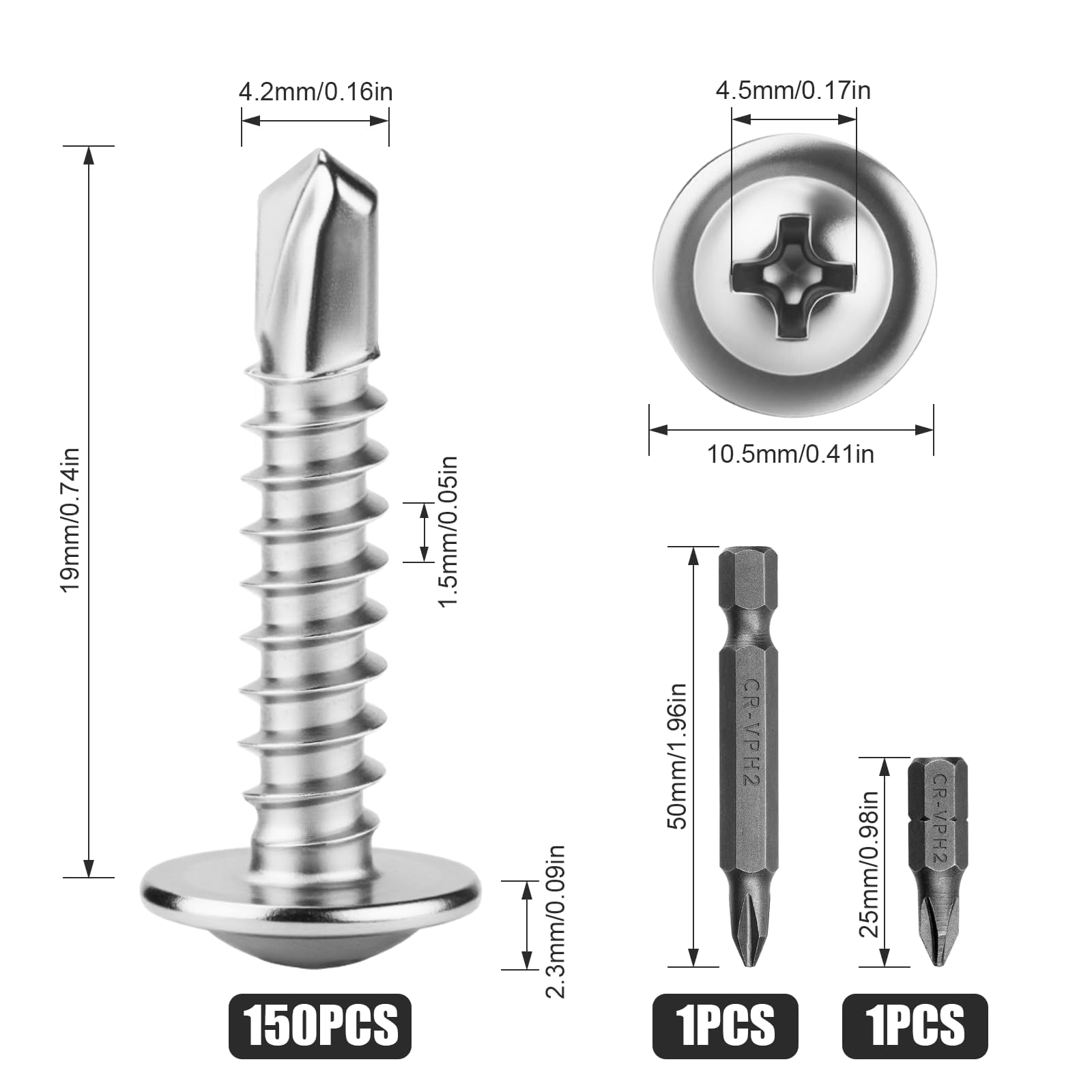 XRXYMQ 150 Pcs Self Tapping Screws M4.2 x 19 mm Self Drilling Screws for Metal Screw Stainless Steel 410 Tek Screw for Wood Plastics Aluminum Metalwork - Image 2