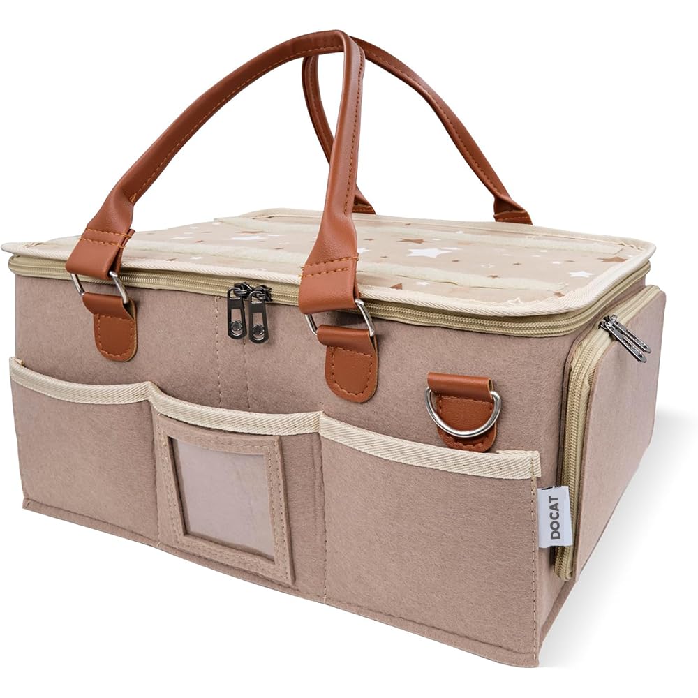 DOCAT Baby Diaper Bag, Cute Felt Diaper Caddy Organizer with Removable Shoulder Strap, Baby Basket Essentials for All Newborn Baby Products Nursery Basket (Beige)