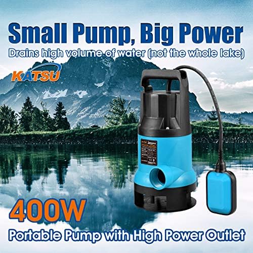 KATSU 400W Portable Submersible Pump for Clean and Dirty Water 8000L/h for Garden Pond, Pools, Ditches + 10m 1" PVC Hose + Quick Coupler Connector + Float Switch