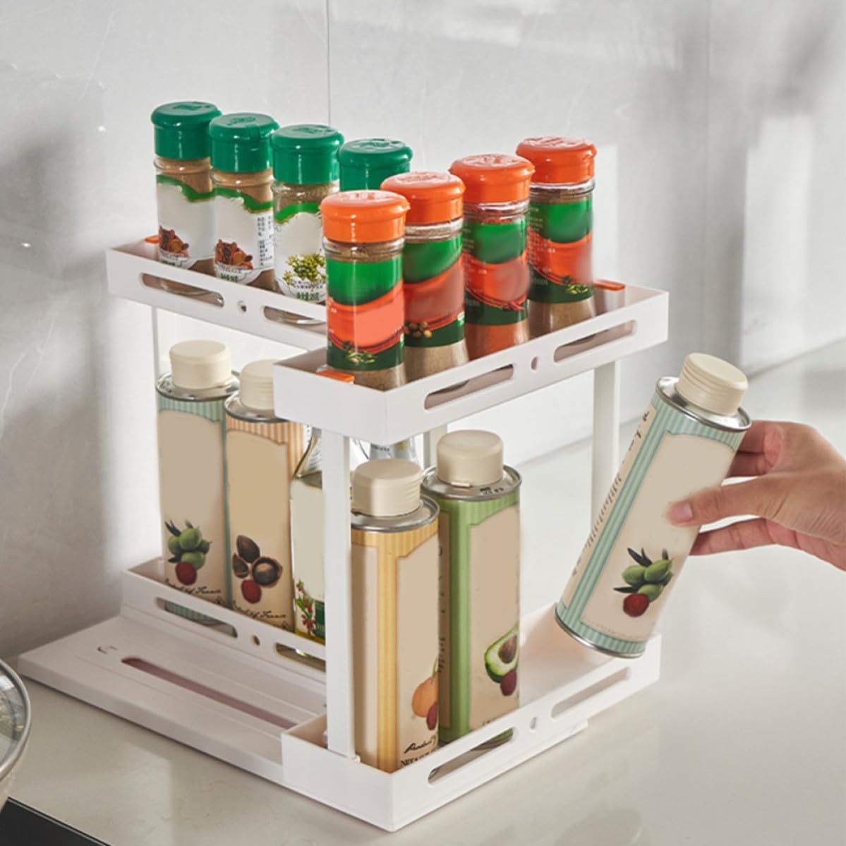 COLLBATH Pull-out Double-layer Spice Rack and Cosmetics Stand White Tall Kitchen Cabinet Organizer for Countertop and Bathroom Storage