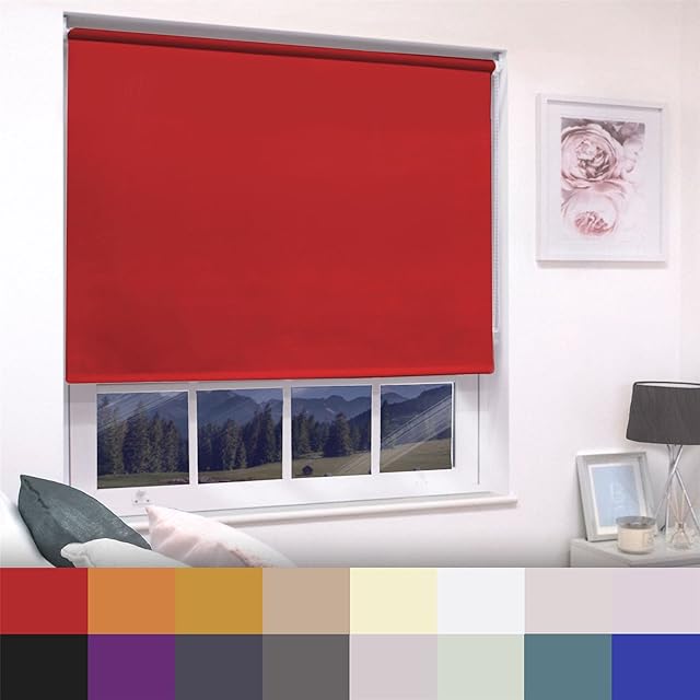 Straight Edge Dim-Out Roller Blind - Easy Fit Home Office - 120cm Width x 160cm Width Drop - Red