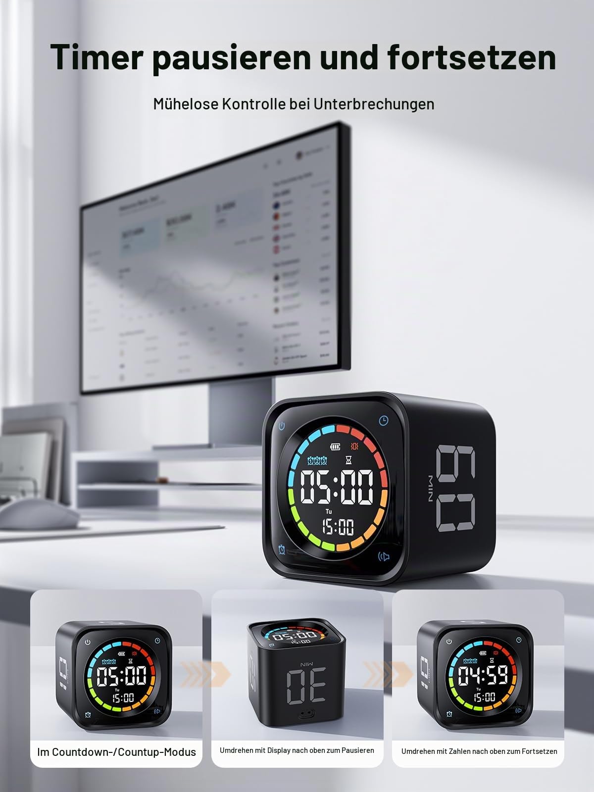 Ticktime TK3 Pomodoro Timer Cube für Fokus, Lernen, Arbeit, ADHS, Küche
