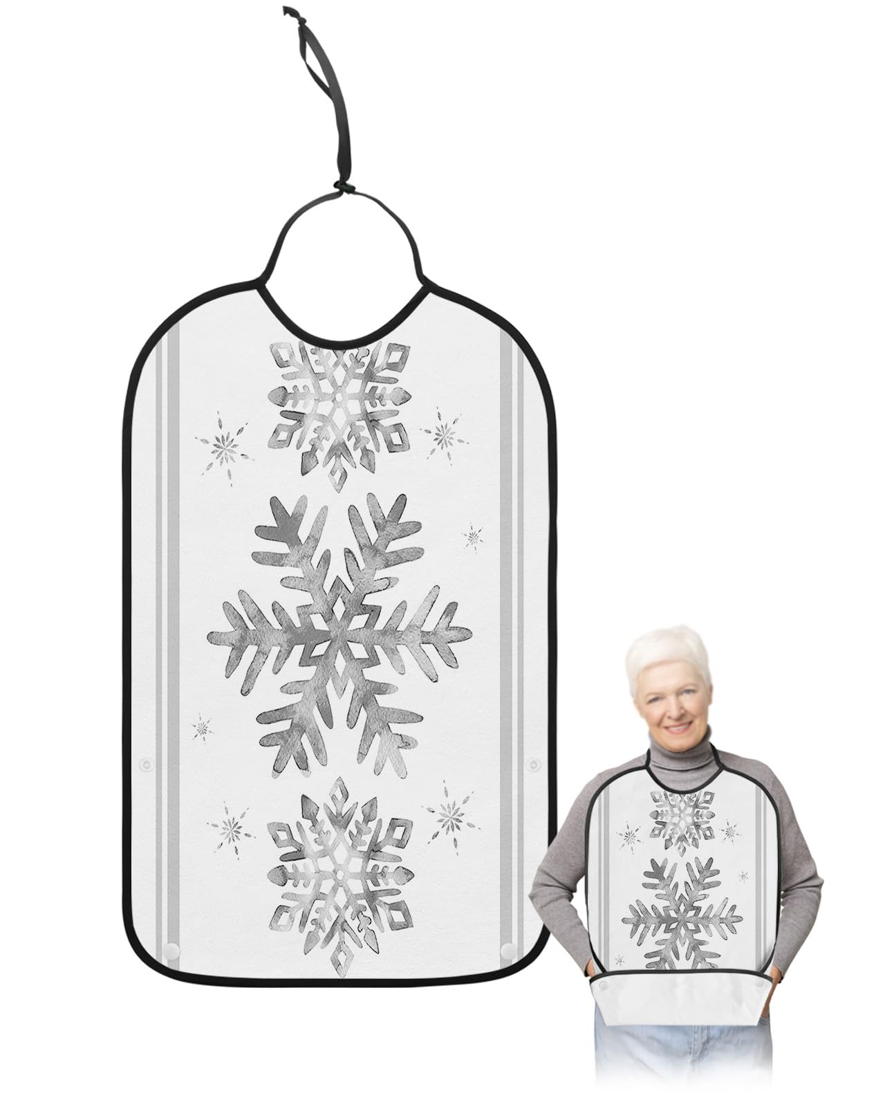 Grey Snowflake Adult Bib for Adults Men, Women, Washable & Adjustable Terry Cloth Bib with Crumb Catcher Reusable Waterproof Clothing Clothes Protector Apron Winter Christmas Stripes Holiday