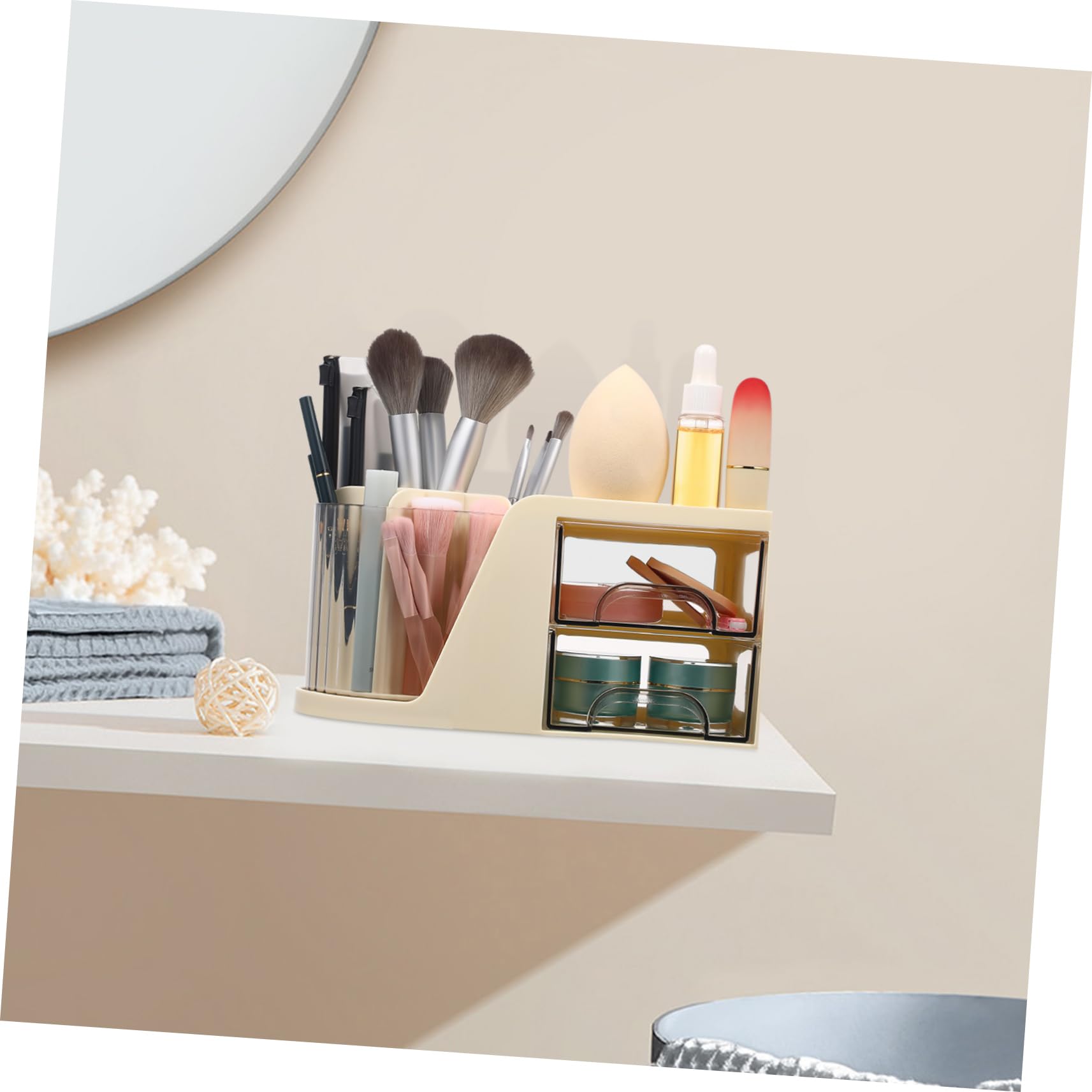 Schreibtisch Organizer mit Drehbar, Doppelte Schubladen, Kunststoff, Beige