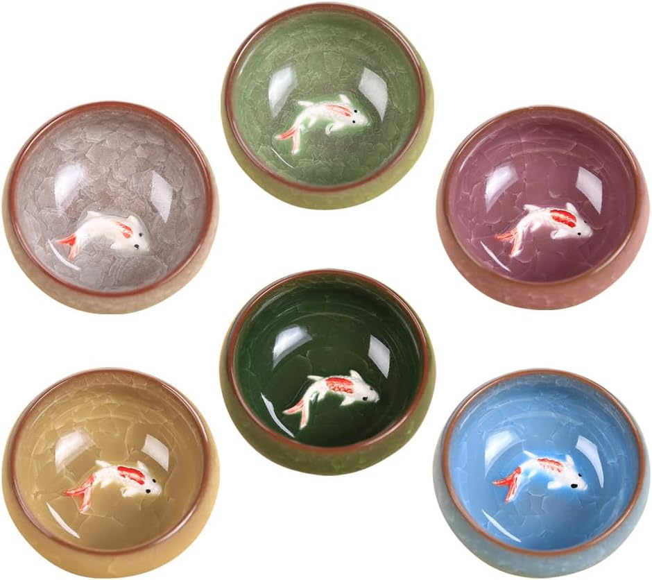 Hemoton Ice Cracked Fish Mini Tea Cup Set of 6 Porcelain Small Cups for Chinese Tea Ceremony Asian Kung Fu Matcha Coffee and Wine Tableware for Home and Party