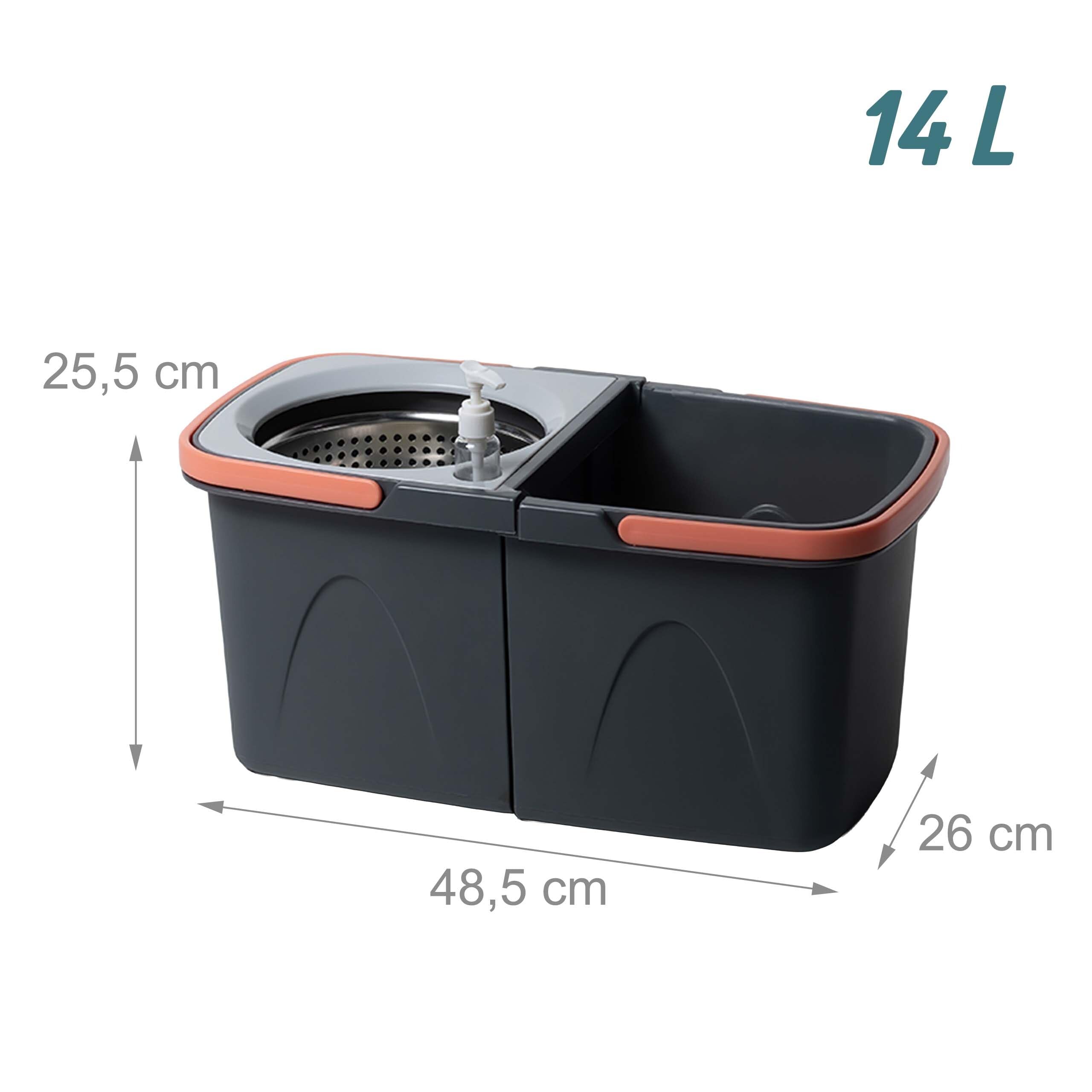 Relaxdays mocio, secchio 14L con strizzatore, impilabile, grigio | HBT 25,5x26x48,5 cm, 2 teste triangolari in microfibra