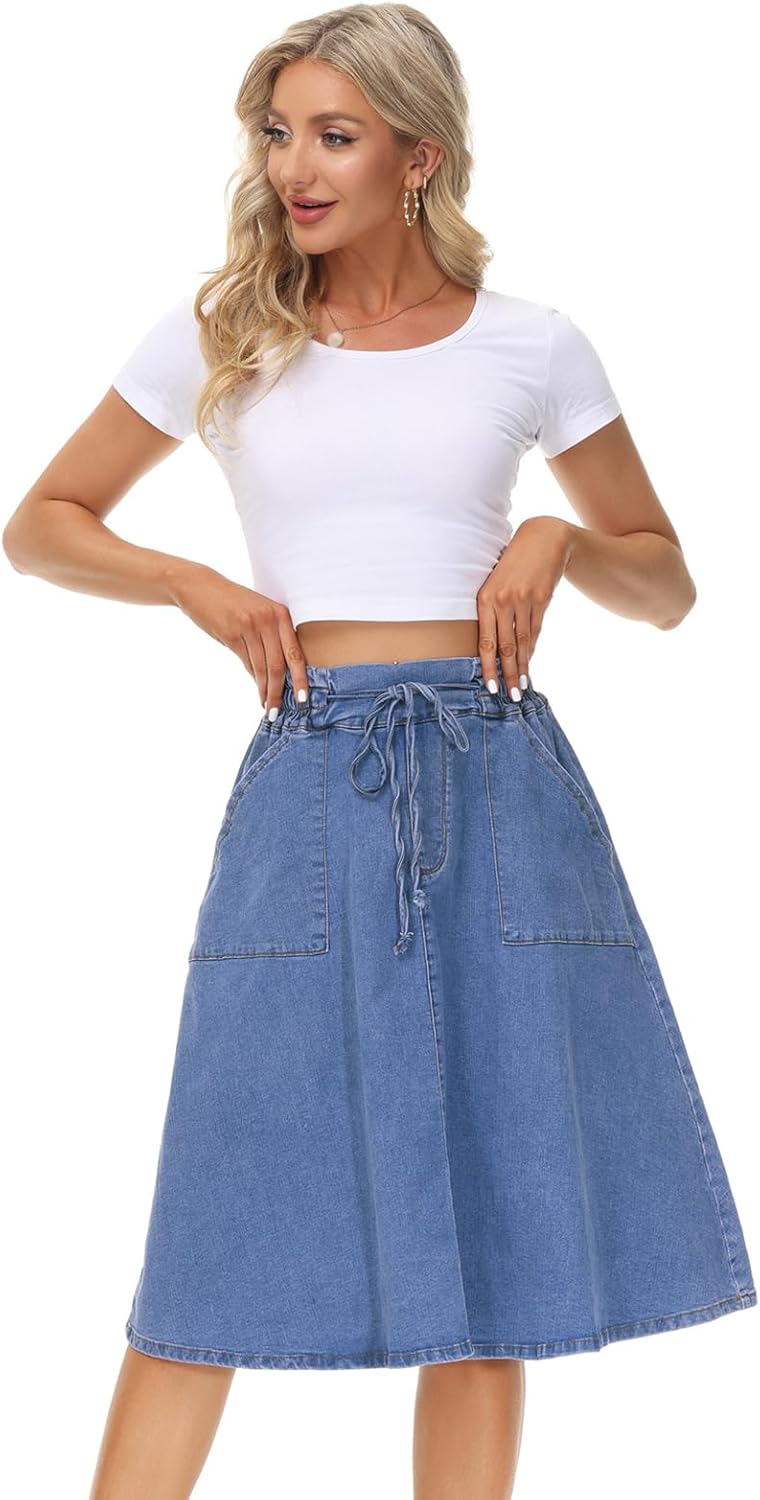 KANCY KOLE Women Casual Denim Skirts Frill Tie Waist A-Line Midi Jean Skirt with Pockets S-XXL - Image 5