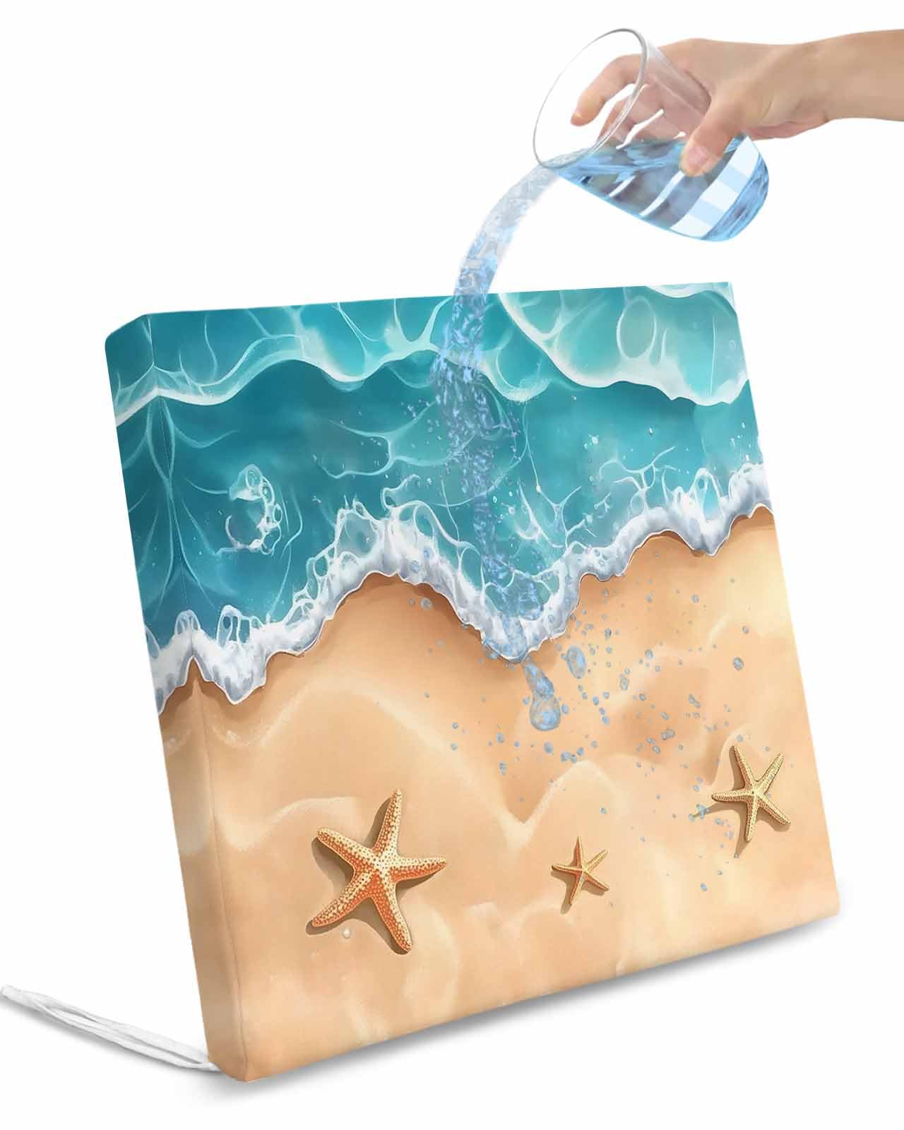 2 Pack Ocean Beach Waterproof Cushion Covers with Ties, Outdoor Patio Chaise Lounge Chair Seat Cushion Slip Covers Replacement(Only Cover) Starfish Sea Waves Coastal Seaside Sand 22