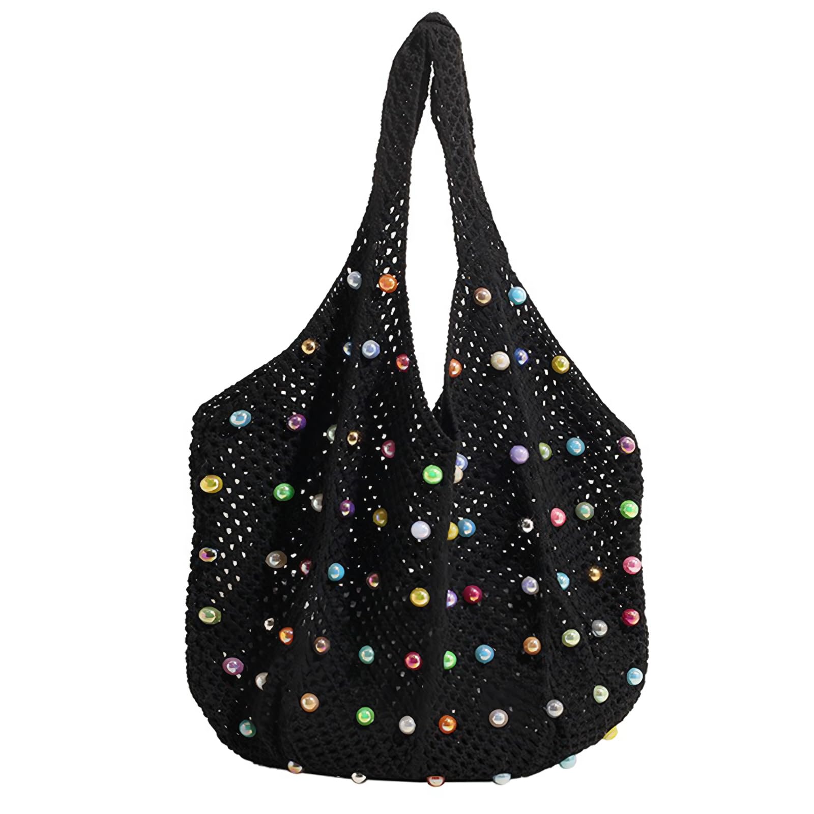 Boho Crochet Beach Tote Shoulder Bag with Colored Beads | Colorful Aesthetic Hippie Knit Bag for Women