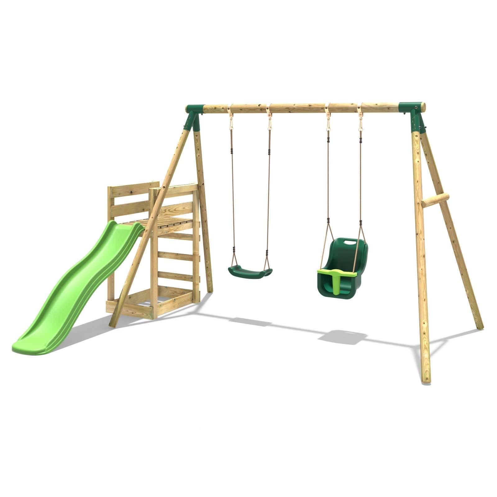 Rebo® Wooden Swing Set plus Deck and Slide - Luna Green | OutdoorToys | Baby and Standard Swing Seats, Sturdy Wooden Construction, Pressure Treated Timber