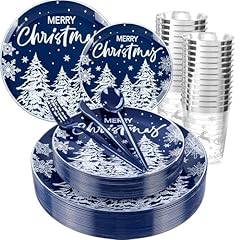 150pcs Blue and White Christmas Plastic Dinnerware Set