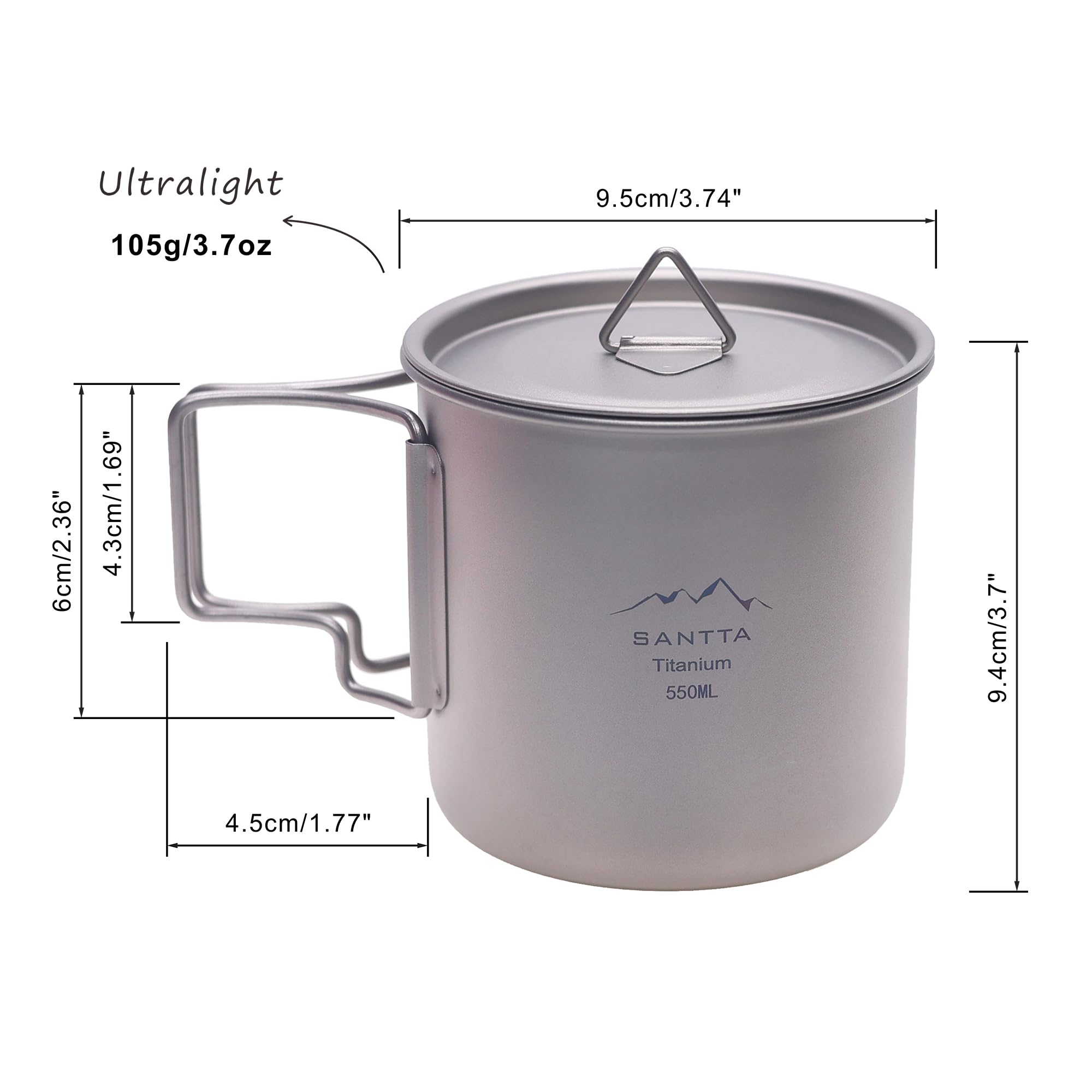 SANTTA Taza de campamento con tapa y bolsa, taza de titanio ultraligera de 550 ml con asa plegable, taza de camping