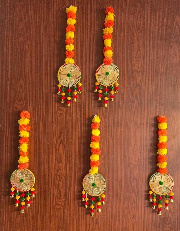 EXEMARTZ Decorative Marigold Hanging Latkan with Ring Bells | Artificial Fluffy Flower Hangings for Home, Mandir, Wedding & Festival Decoration | Orange & Yellow Traditional Dcor | Set of 5 1