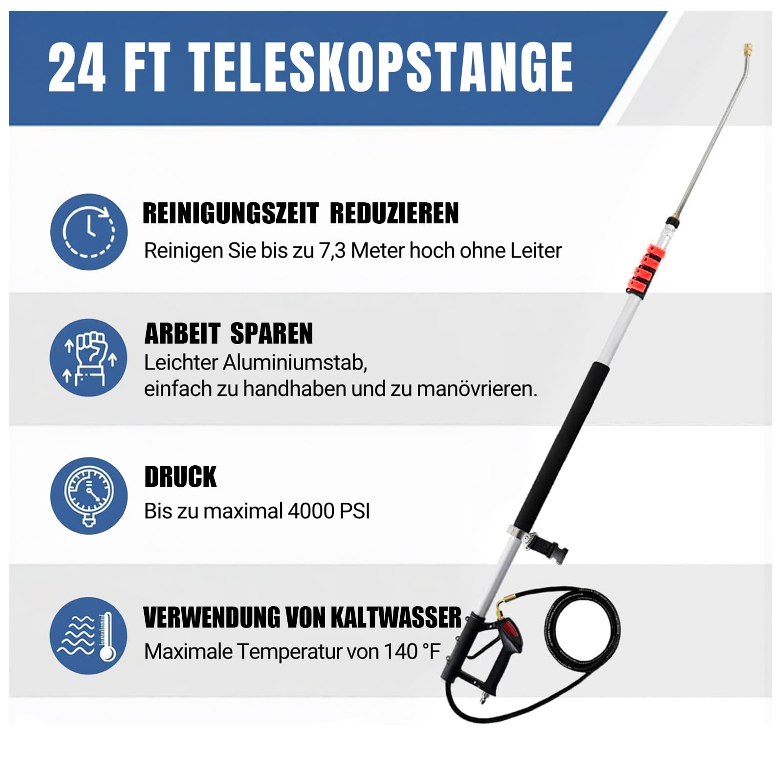 Tubo de extensión telescópico de 24 pies con cabezal de cepillo, 2 tubos de extensión de limpiador de alta presión, accesorio de limpieza de canalones, 7 boquillas de pulverización, cinturón de