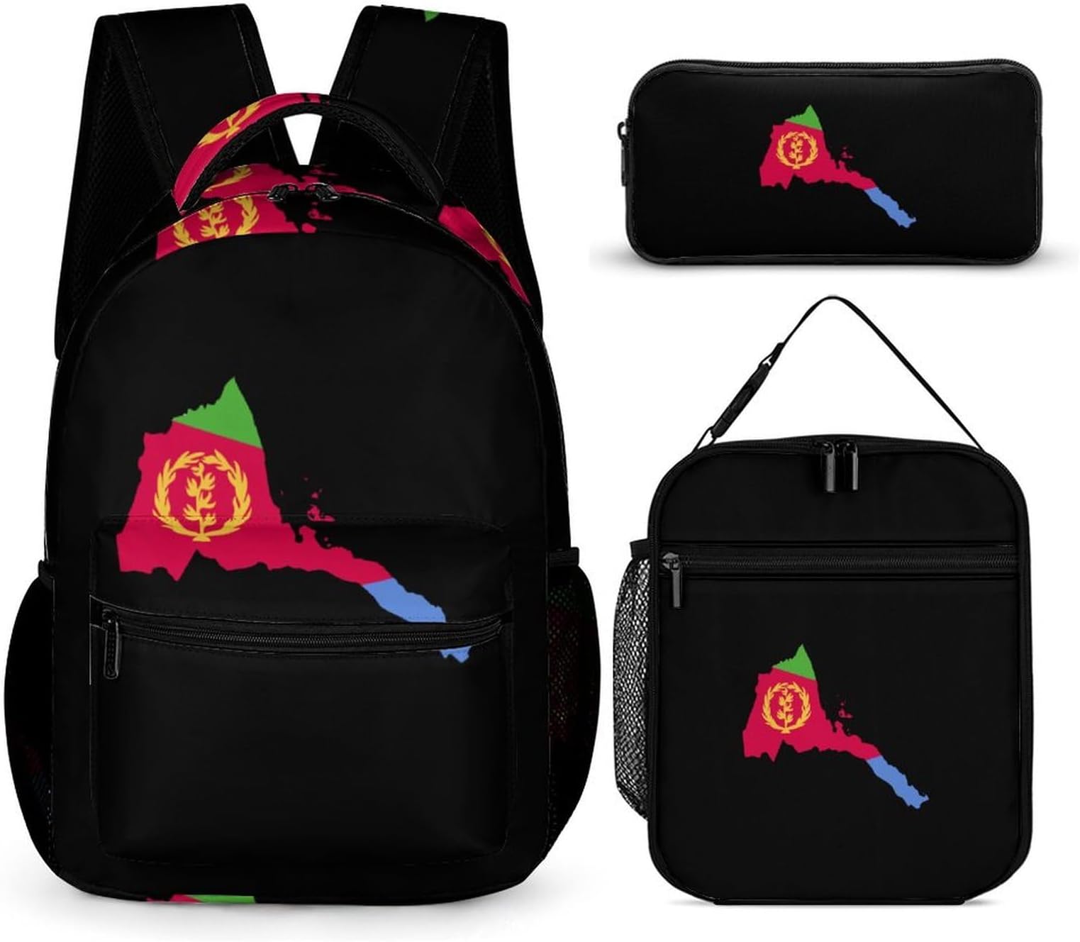 Eritrea Map with Flag Inside And Ribbon 3 PCS Backpack Set Cute Rucksack with Pencil Case & Lunch Bag Gifts