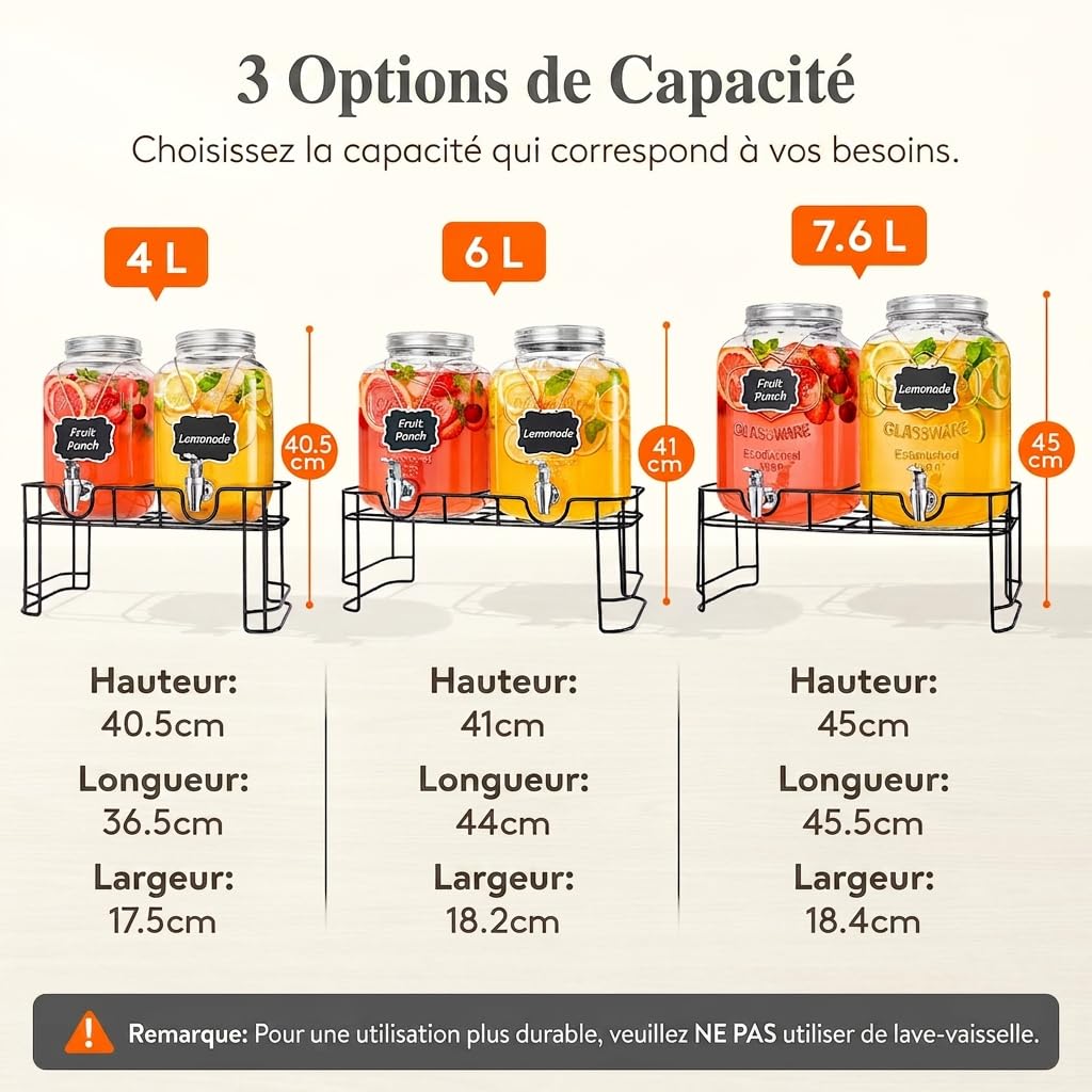 Lifewit Lot de 2 distributeurs de boissons de 4 l en verre avec robinet et support pour bière, limonade, jus, thé, eau, boissons, avec robinet, pour fêtes, buffets, événements, 39 x 16 cm