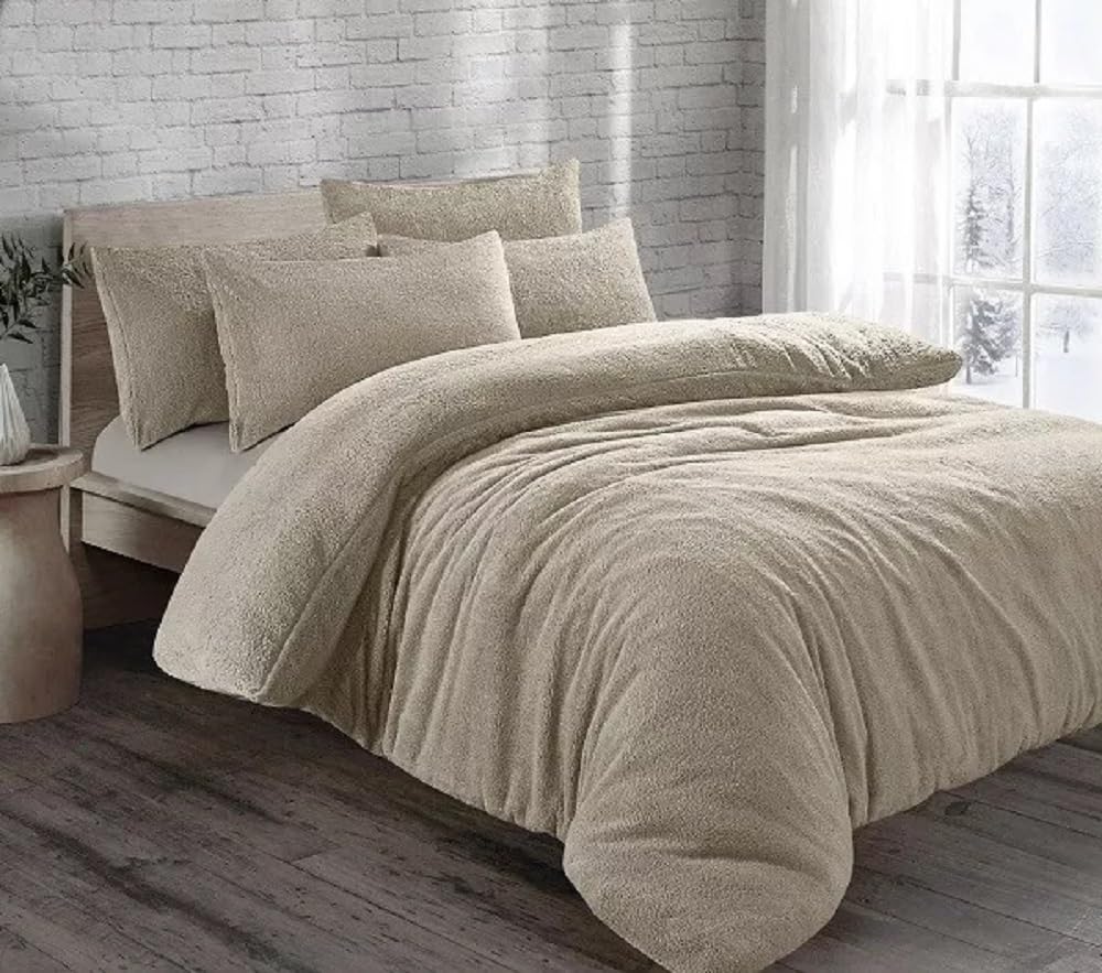 VL Teddy Fleece Duvet Cover Set Thermal Warm & Fluffy Soft Bedding with Pillow Cases or Fitted Sheet Cozy and Dependable Winter Relaxation (Beige, King (Duvet Cover Set))