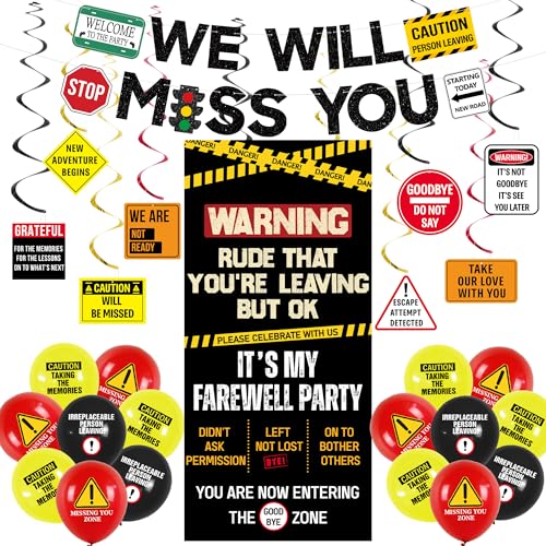 Roetyce Farewell Decorations Men Women Caution Logos We Will Miss You Banner Balloons Hanging Swirls Funny Going Away Retirement Goodbye Party Supplies Leaving Party Photo Backdrop Door Wall Signs