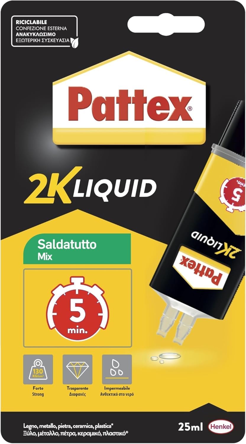 Pattex Power Epoxy Saldatutto Mix 5 minuti, forte Colla epossidica bicomponente, Colla bicomponente per plastica a elevata tenuta finale, Adesivo multiuso multimateriale, trasparente, 1x28g
