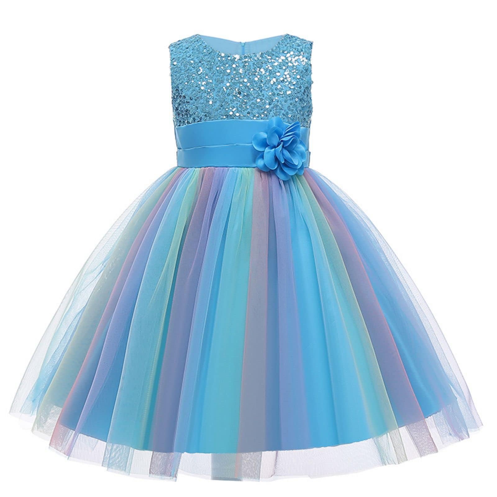 GenericGirls' Princess Dress Sequins Tulle Flower Rainbow Round Collar Sleeveless Evening Dress Girls Dresses Dresses For Girls Princess Costume Girls