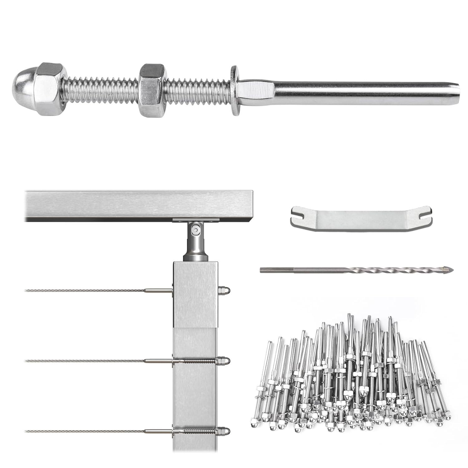 Muzata 100 Pack 1/8" Cable Railing Hardware Kit Hand Swage Threaded Stud Tensioner for 2x2 Metal Post T316 Stainless Steel Deck Cable Railing System