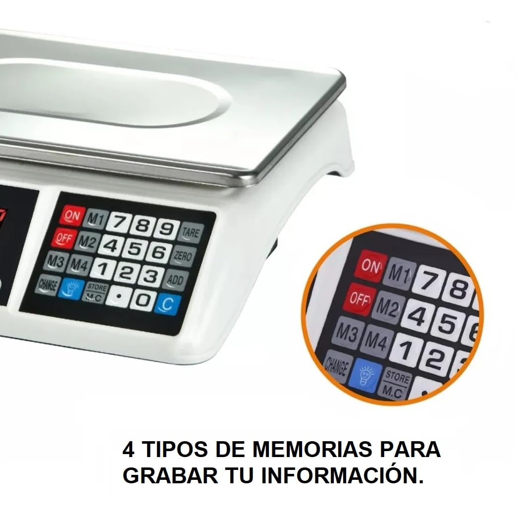 Bascula balanza Comercial para Pesar Fruta, verdura Peso 40kg Suma 2 en 1 bateria interna y corriente 220V inalambrica pantalla delantera y trasera