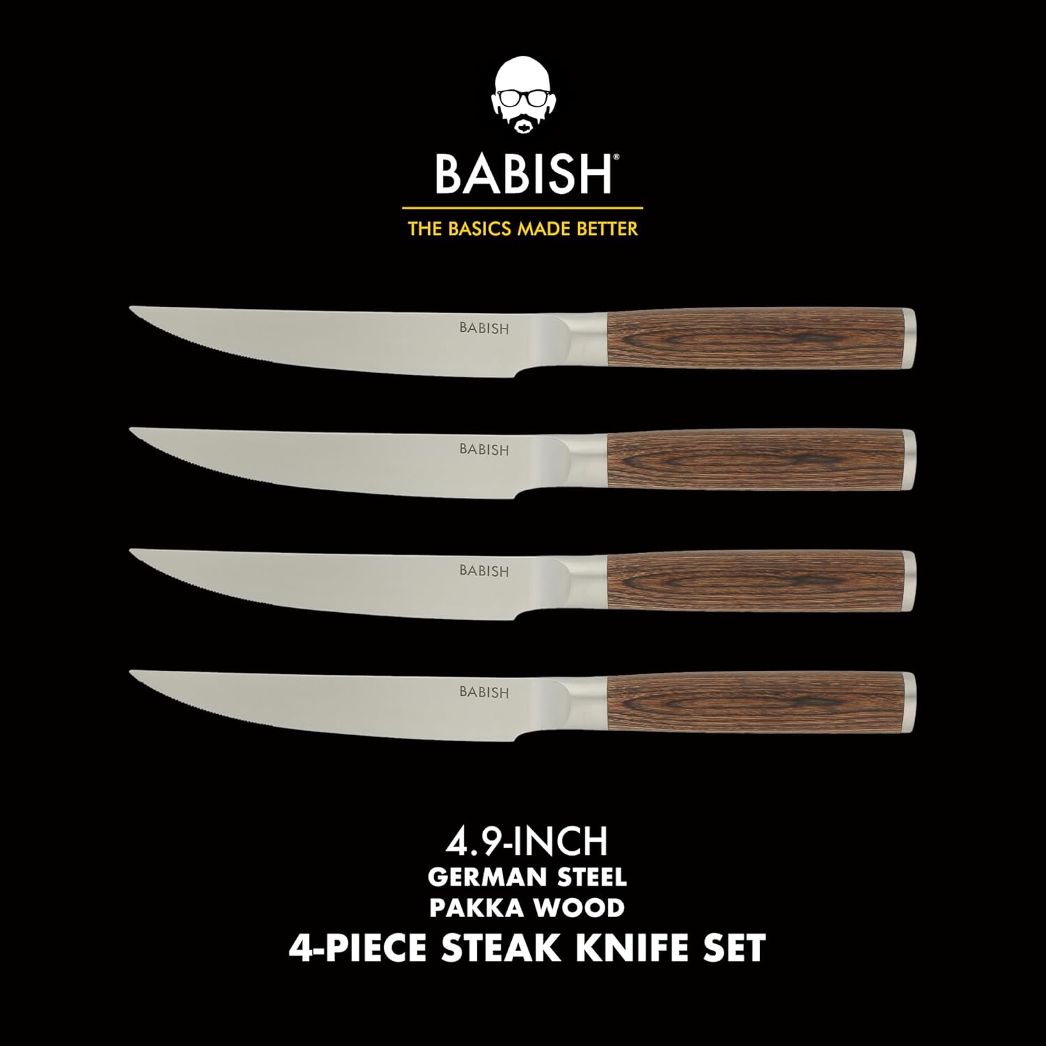 Babish 4-Piece 1.4116 German Stainless Steel Steak Knife Set with Dark Pakka Wood Handles – Full-Tang Steak Knives for Dining, Entertaining & Everyday Table Use