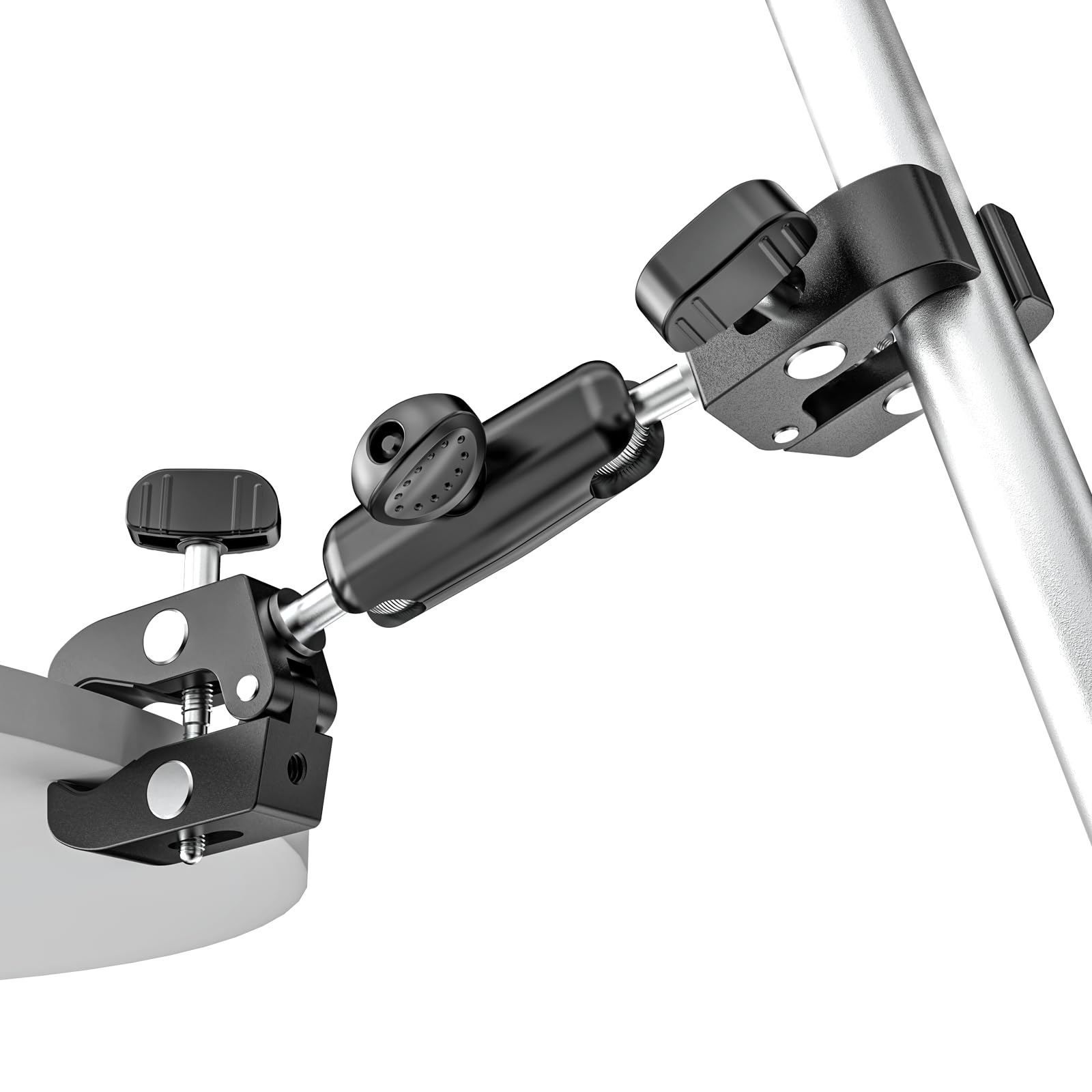 Supporto a doppio morsetto con interfaccia a vite da 1/4" [completamente in metallo] morsetto per ombrello regolabile a 360° per supporto luce studio fotografico, asta, barre trasversali