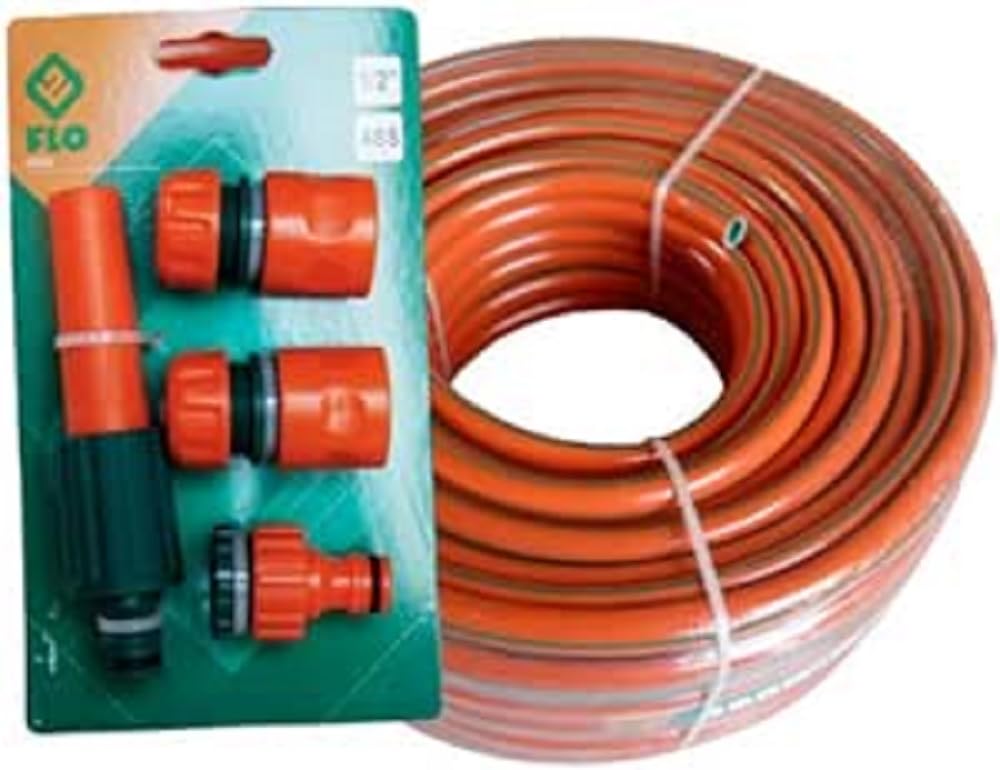 Flo Edelstahl Gartenschlauch-Set 4-teilig – Mit Spritze, Hahnanschluss & Schnellkupplungen, 1/2 Zoll