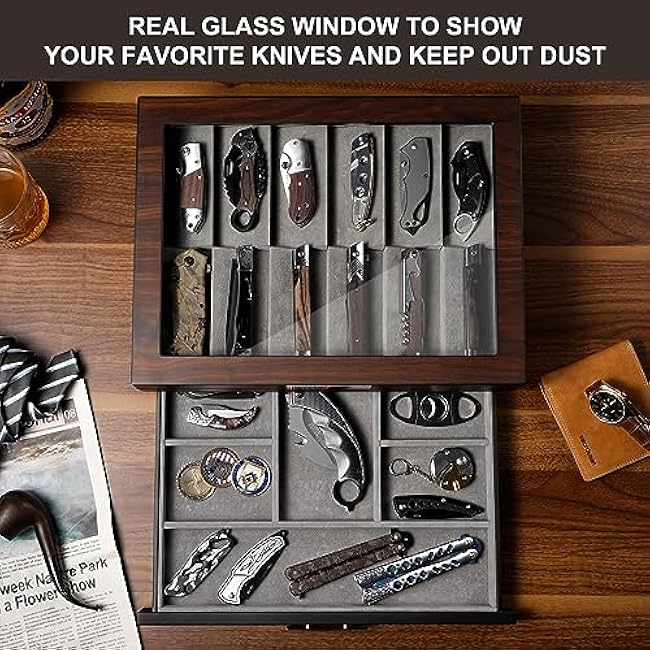 ikkle Pocket Knife Display Case, Two-Tire Knife Display Case with Drawer, Pocket Knife Case with Real Glass Window Top, Pocket Knife Storage and Knife Cases for Collections (Walnut)