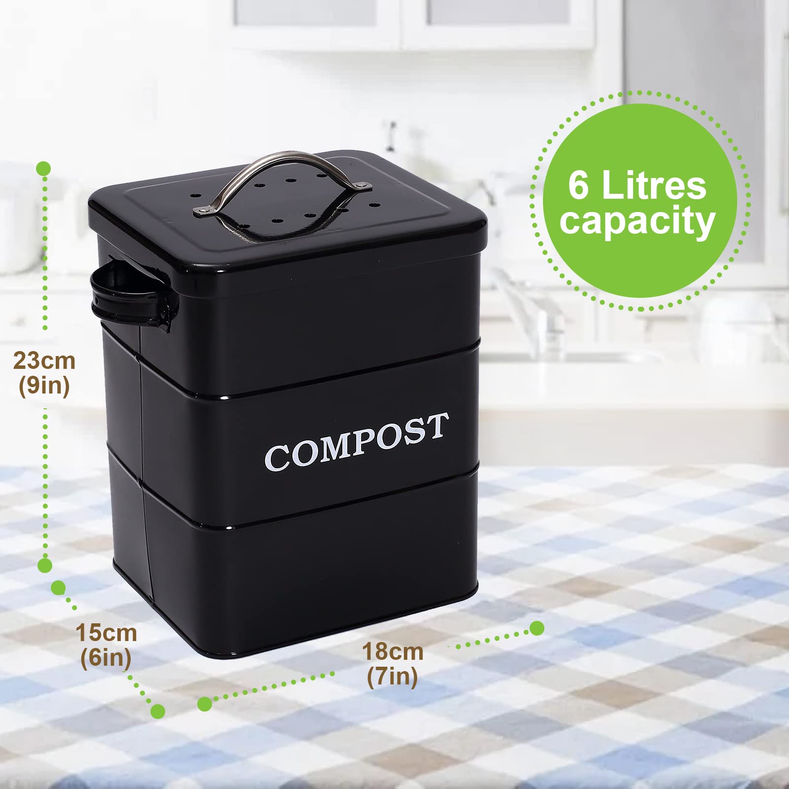 Secchio per compost Nero 6 L, in metallo, coperchio con
