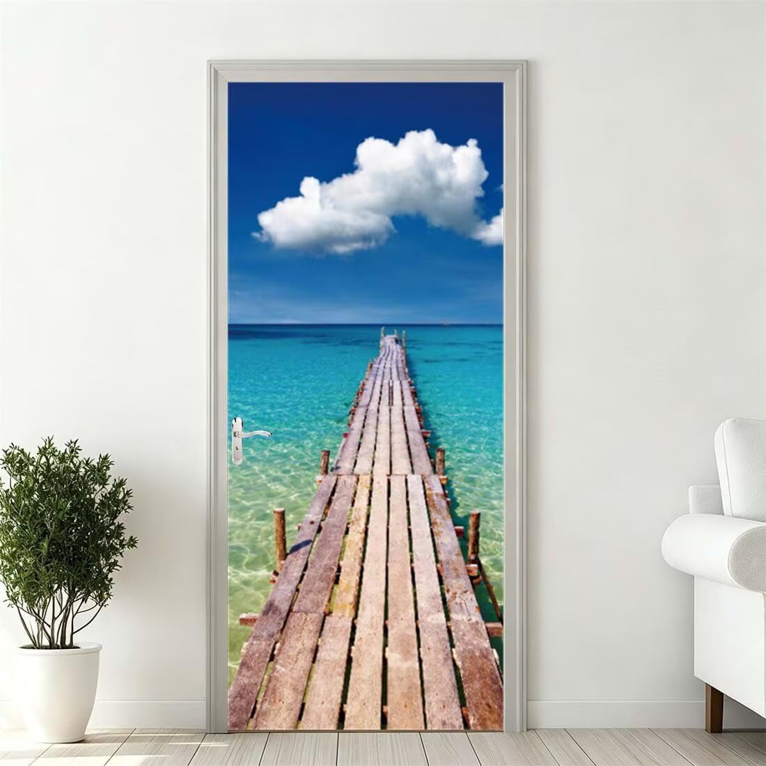 Adesivi per Porte Interne 95x215 3D Adesivo Porta Paesaggio Marino | Molo in Legno Pellicola per Porte, Autoadesiva, Adesiva Poster Sticker Murale, PVC, Impermeabile, Rimovibile (DS51)