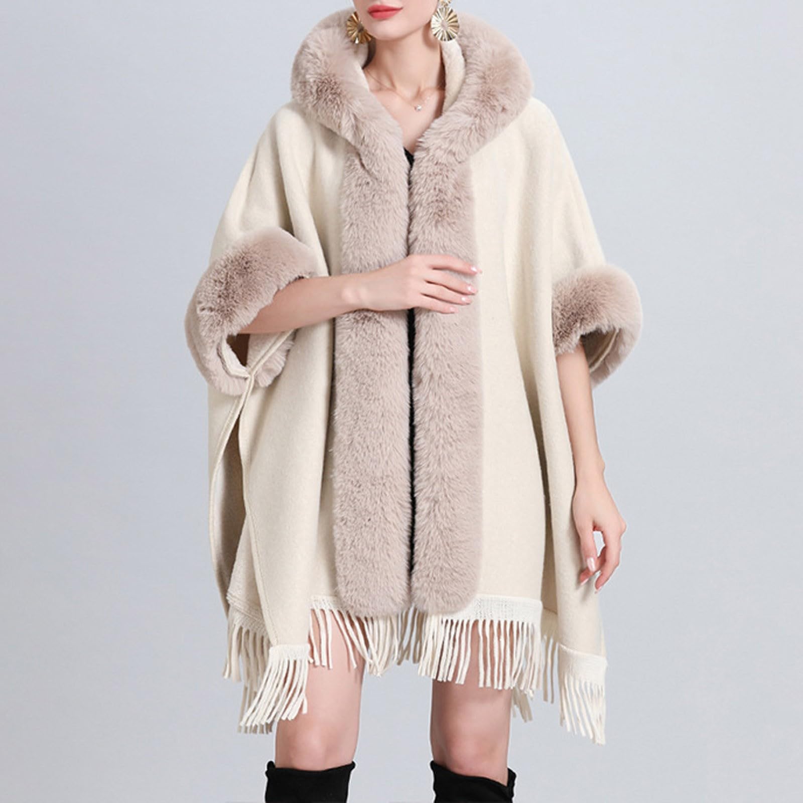 Poncho Femme Hiver Châle Tricot Épais Col Fourrure Cape Oversize Carreaux Doux Chaud Vêtement Extérieur Automne Hiver