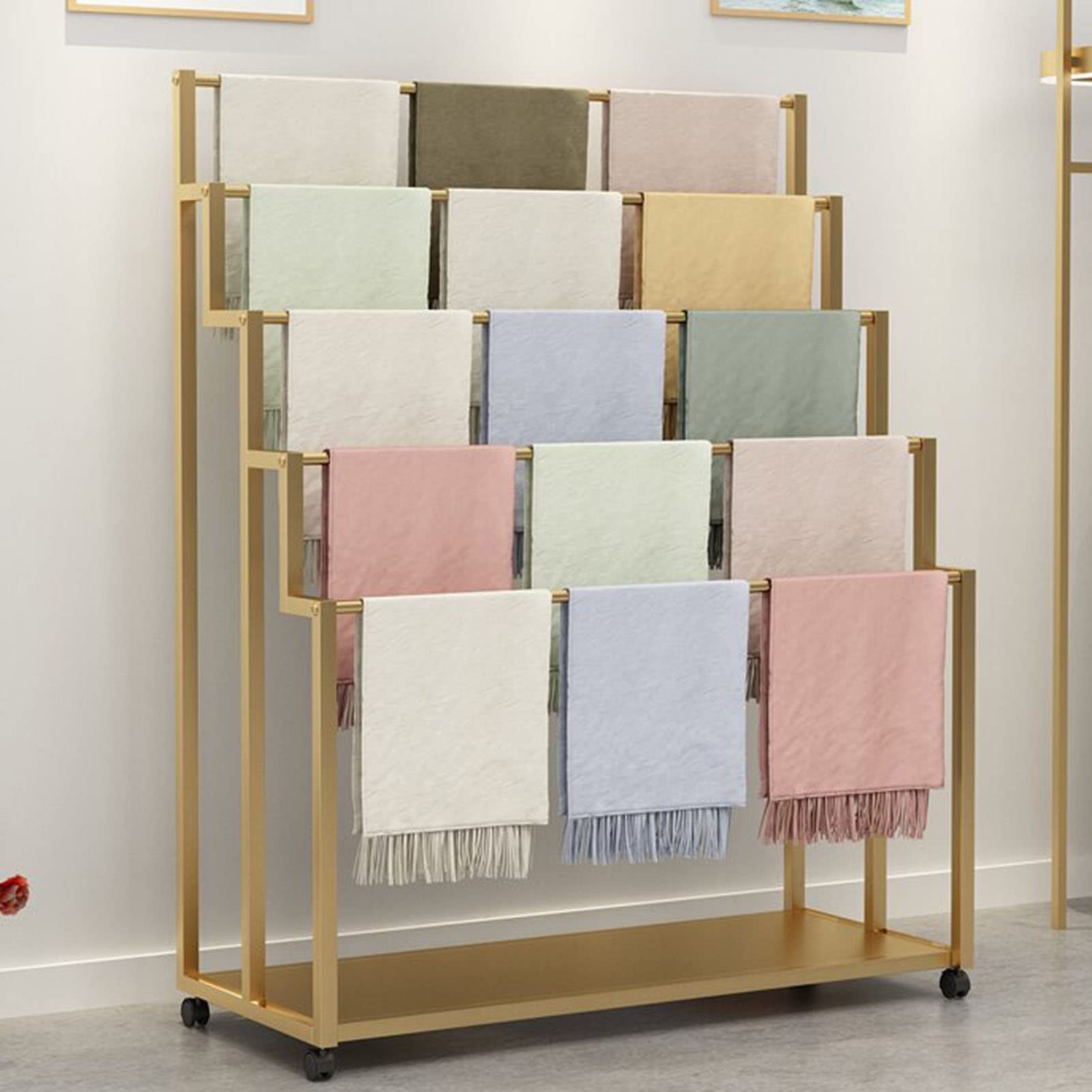 UWYTGF Metal Iron Scarf Holder with Wheels,5-Layer Silk Scarf Shawl Blanket Commercial Display Rack,Clothing Retail Store Floor-Standing Sheets Belt Ties Suit Pants Hanging Rack,Gold,L100*W40*150Cm