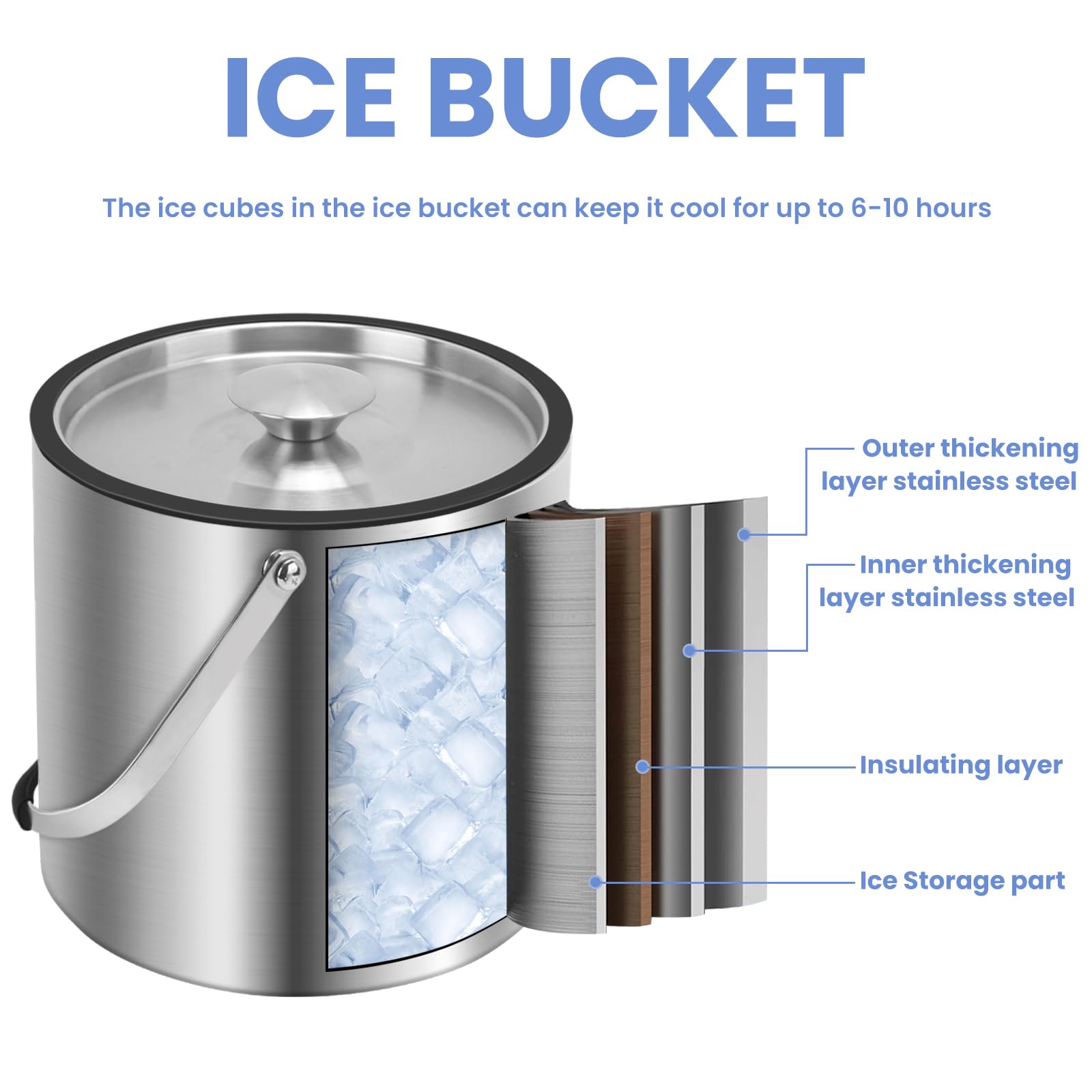 Cubitera de hielo de 4 litros con tapa y pinzas, cubo de hielo aislado de doble pared con colador de cuchara, cubos de hielo grandes de acero inoxidable para fiestas, hogar, bares, pubs