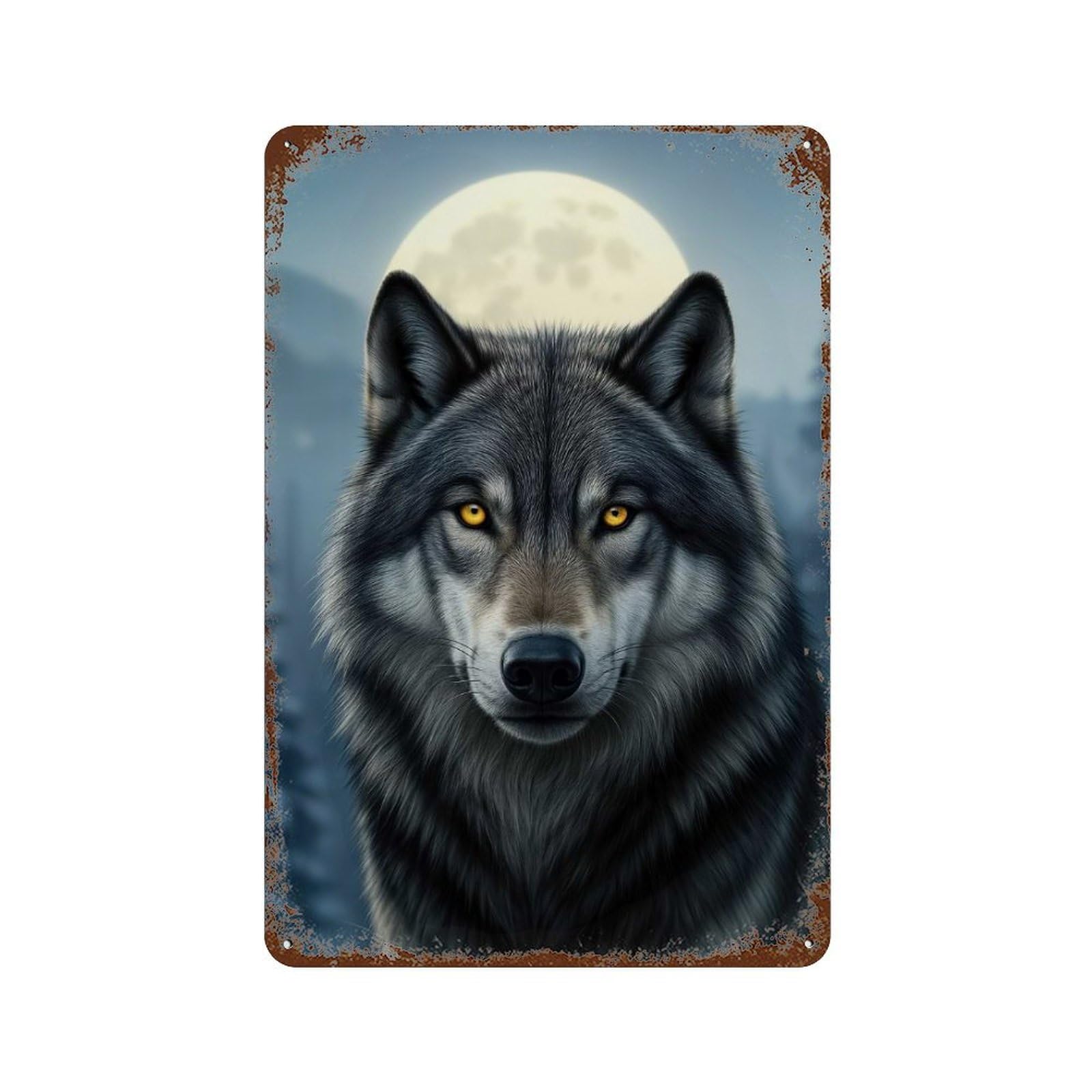 Rusty Metal Tin Sign with Wolf Portrait Under Moonlight Design 11.8"x7.9", for Farmhouse, Kitchen And Entryway Decor, Classic Wall Plaque