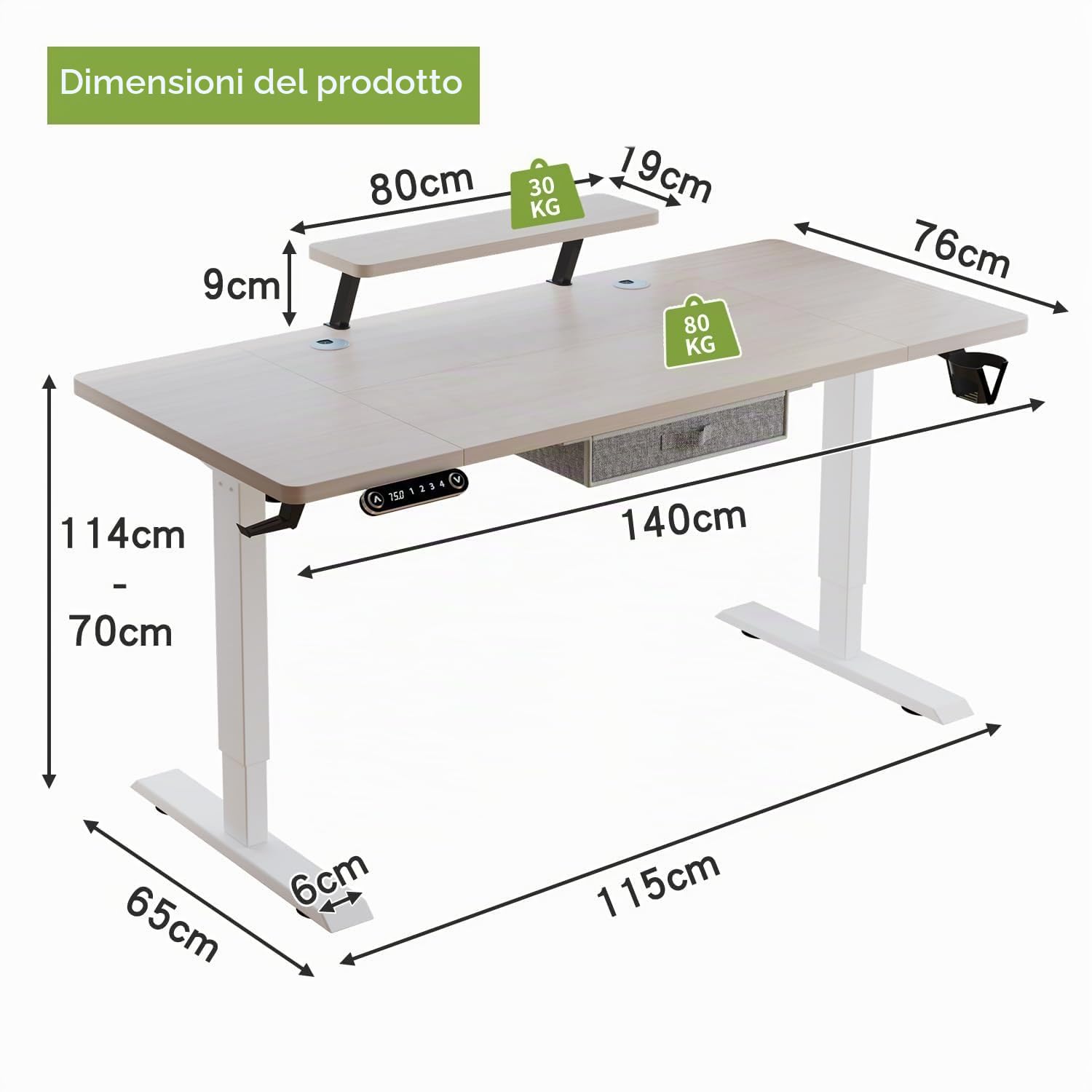 Radlove Scrivania elettrica regolabile in altezza, con 4 controlli in memoria e tecnologia anti-collisione (rovere+ripiano per monitor, 76 x 140 cm)