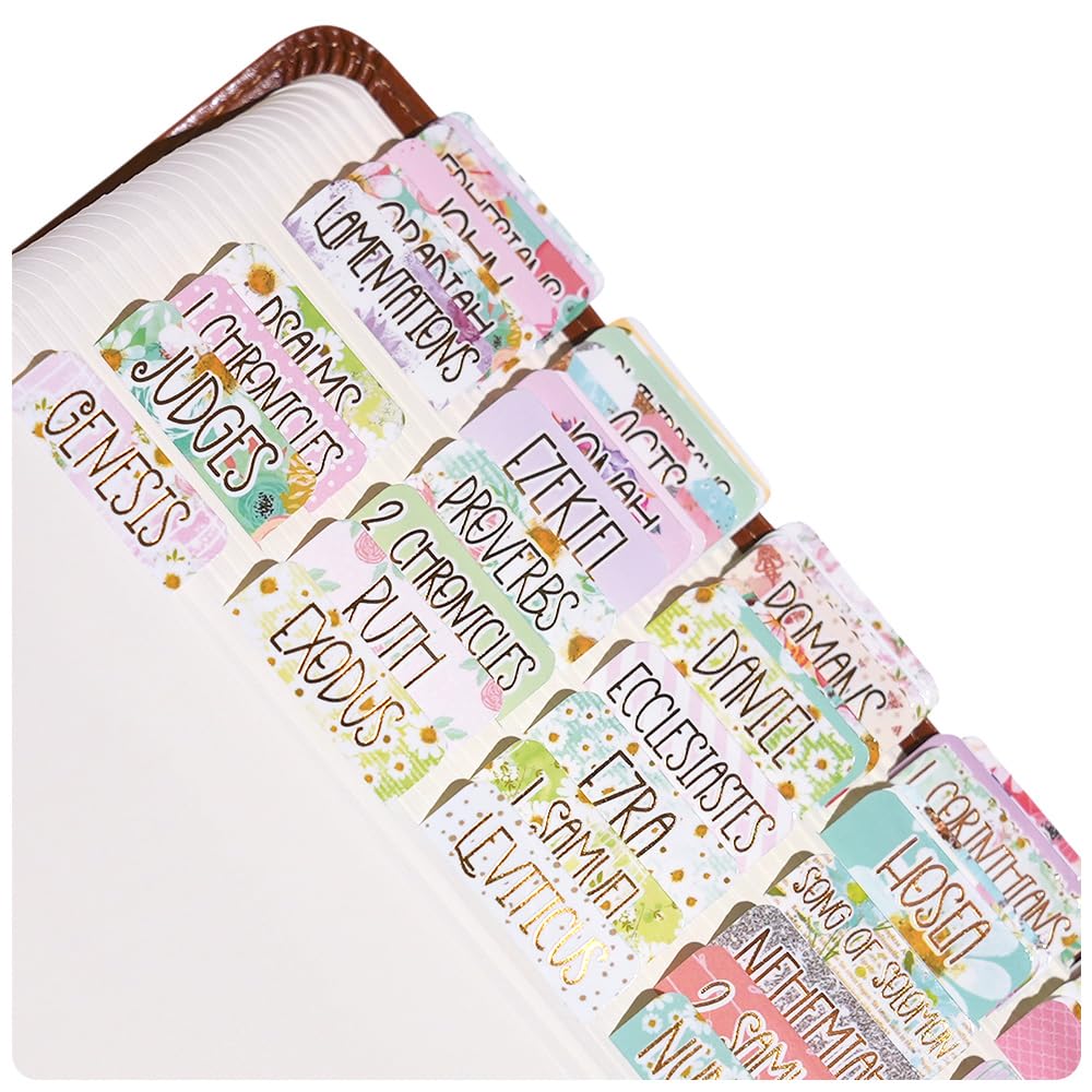Idyllic Grace - Bible Tabs, Gold Foil Lettering, Study Tool, Bible Journaling, Old and New Testament, Christian, Catholic, Apocrypha, Index Tabs, 90 Tabs, Glossy Laminated, Durable - Bloom with Grace