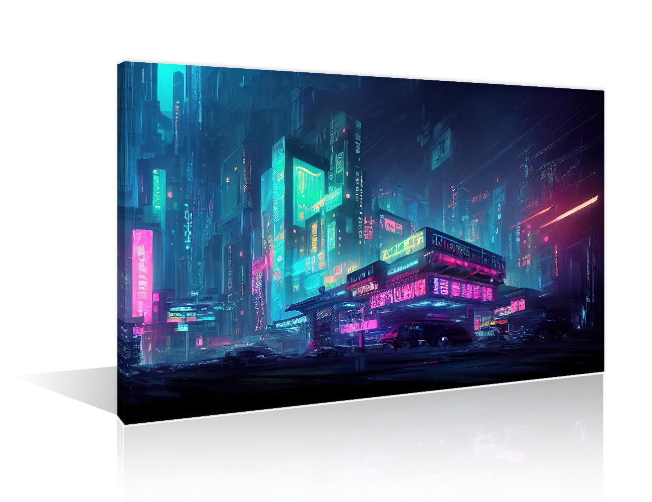Cyberpunk Style Contemporary Home Decor Future Modern City Urban Building Concept Night Cityscape Bedroom Wall Art 1 Pieces Bathroom Decor Wall Art Ready to Hang for Living Room Office (24"Wx36"H) — image 1