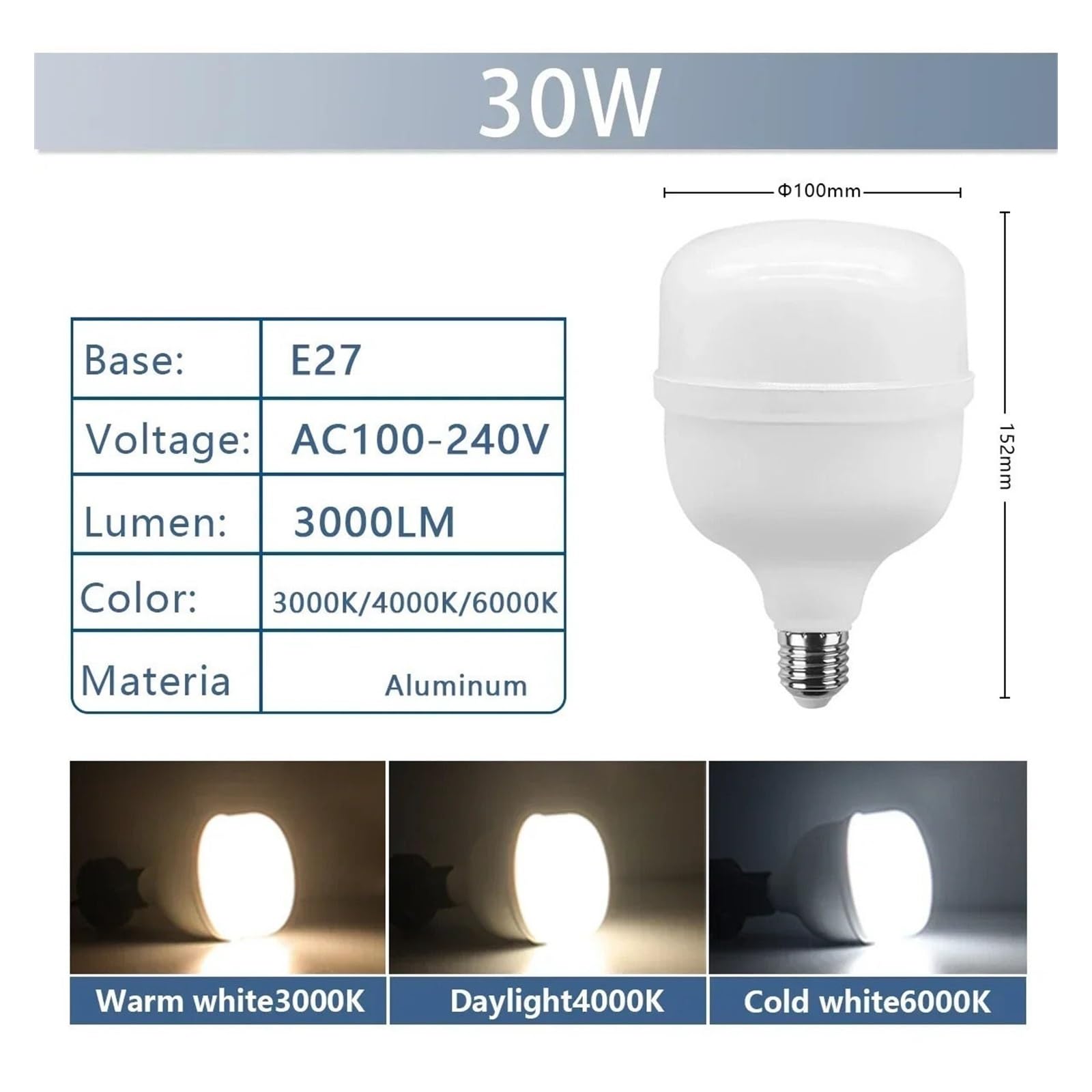 Genérico Bombilla LED Grande CA 120 V 220 V E27, lámpara LED de 20 W, 30 W, 40 W y 50 W, Foco de luz LED para iluminación de Interiores (Blanco frío 6000 K, 30 W, CA 100 W).