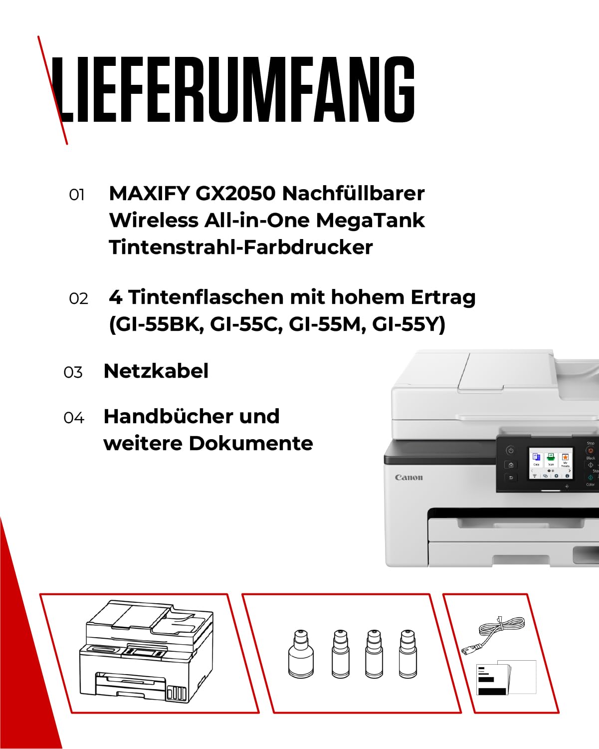 Canon MAXIFY GX2050 Tintenstrahldrucker 4-in-1 Multifunktionsgerät DIN A4 (Drucker, Scanner, Kopierer, Fax, ADF, 600x1200 DPI, WLAN, USB, 15/10 ISO-Seiten/Min., Duplexdruck, 250 Blatt Kassette) weiß