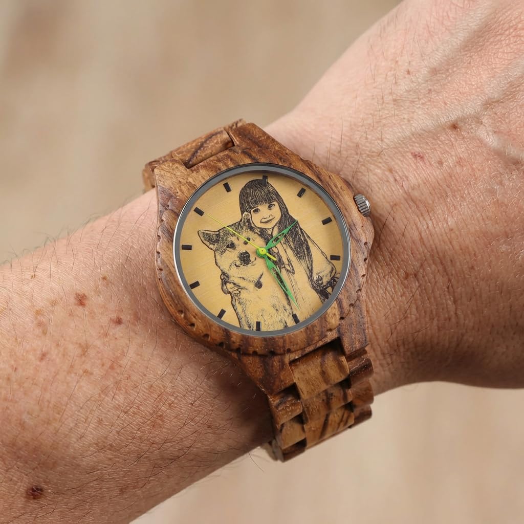 Reloj de madera personalizado para hombre, esfera fotográfica de línea blanca y negra, carcasa trasera grabada, reloj de pulsera de madera de bambú marrón de 40 mm con pulsera de eslabones, regalos