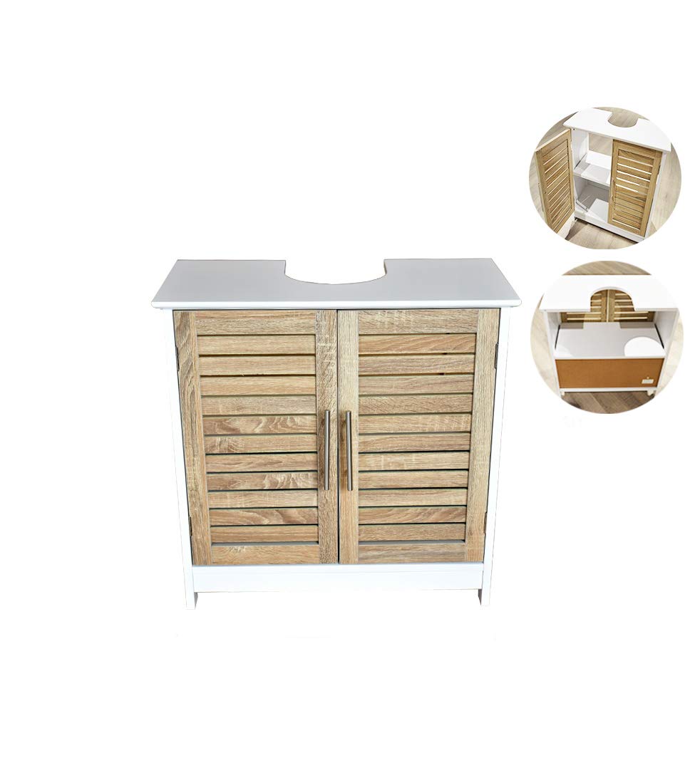 BM 4007 Mobiletto Sottolavabo/Armadietto Sottolavabo, W60xD30xH60cm, MDF, Colore Bianco/Legno Grano, Completo di Due Ante e Un Ripiano