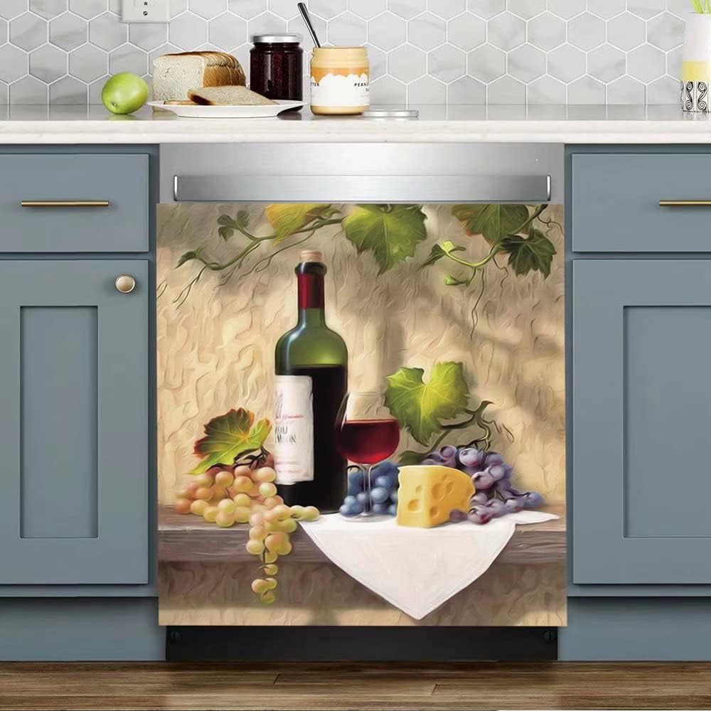 Wine Decor Magnetic Dishwasher Cover Kitchen Decor,Country Grape Fridge Sticker With Magnet,Wine Refrigerator Magnet Panel Decal,Home Appliances Vinyl Magnets 23"x17"